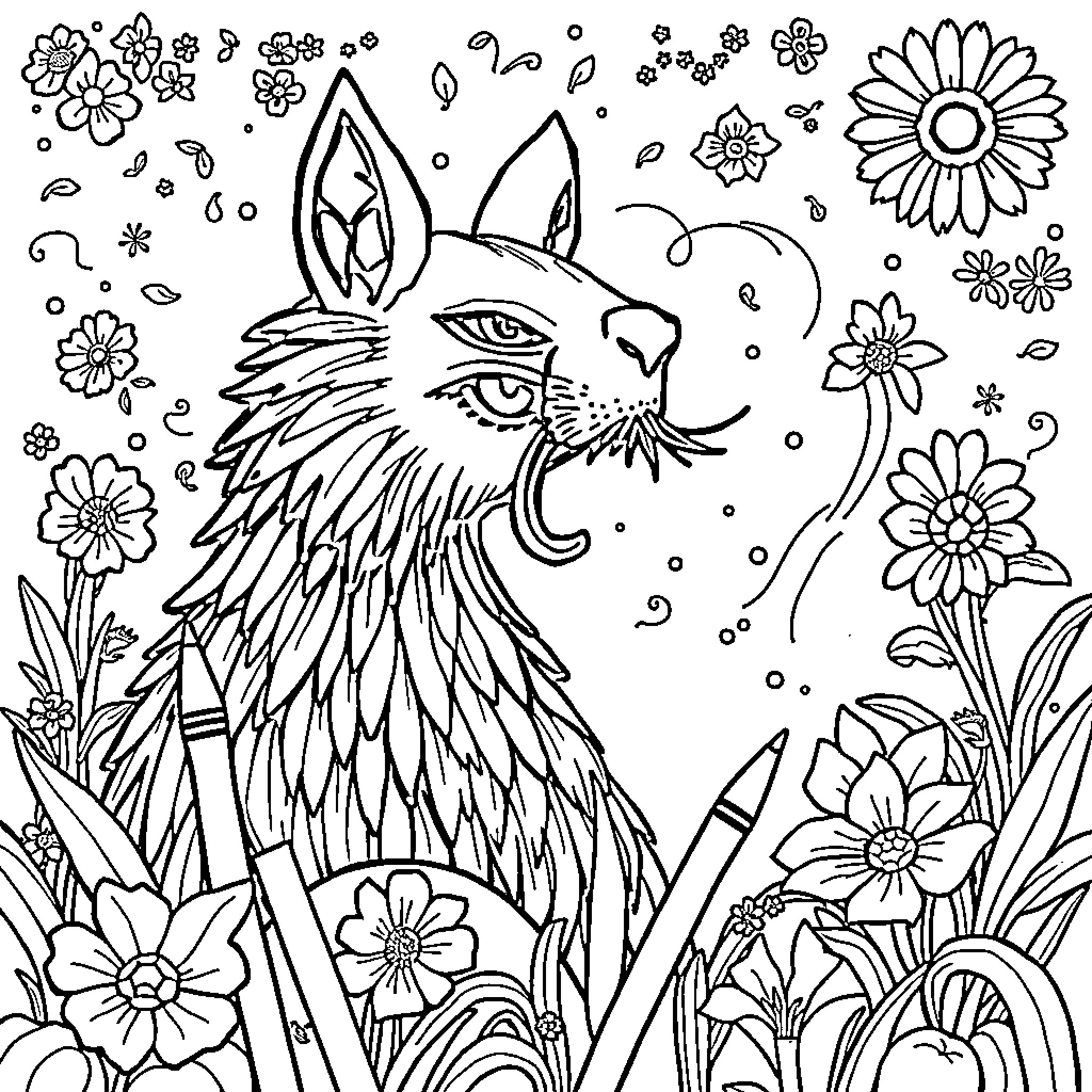 Magic Enchanted Forest with Curious Foxy Creature Coloring Page (free black-and-white line drawing printable PDF for all, from beginners to advanced learners, including children, teens, adults, and seniors)