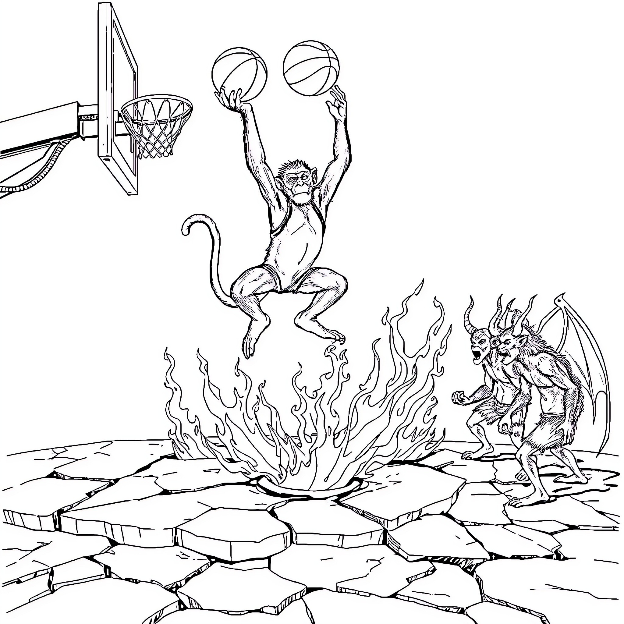 Monkey Dunking Basketballs Amidst Fiery Demon Coloring Page (free black-and-white line drawing printable PDF for all, from beginners to advanced learners, including children, teens, adults, and seniors)