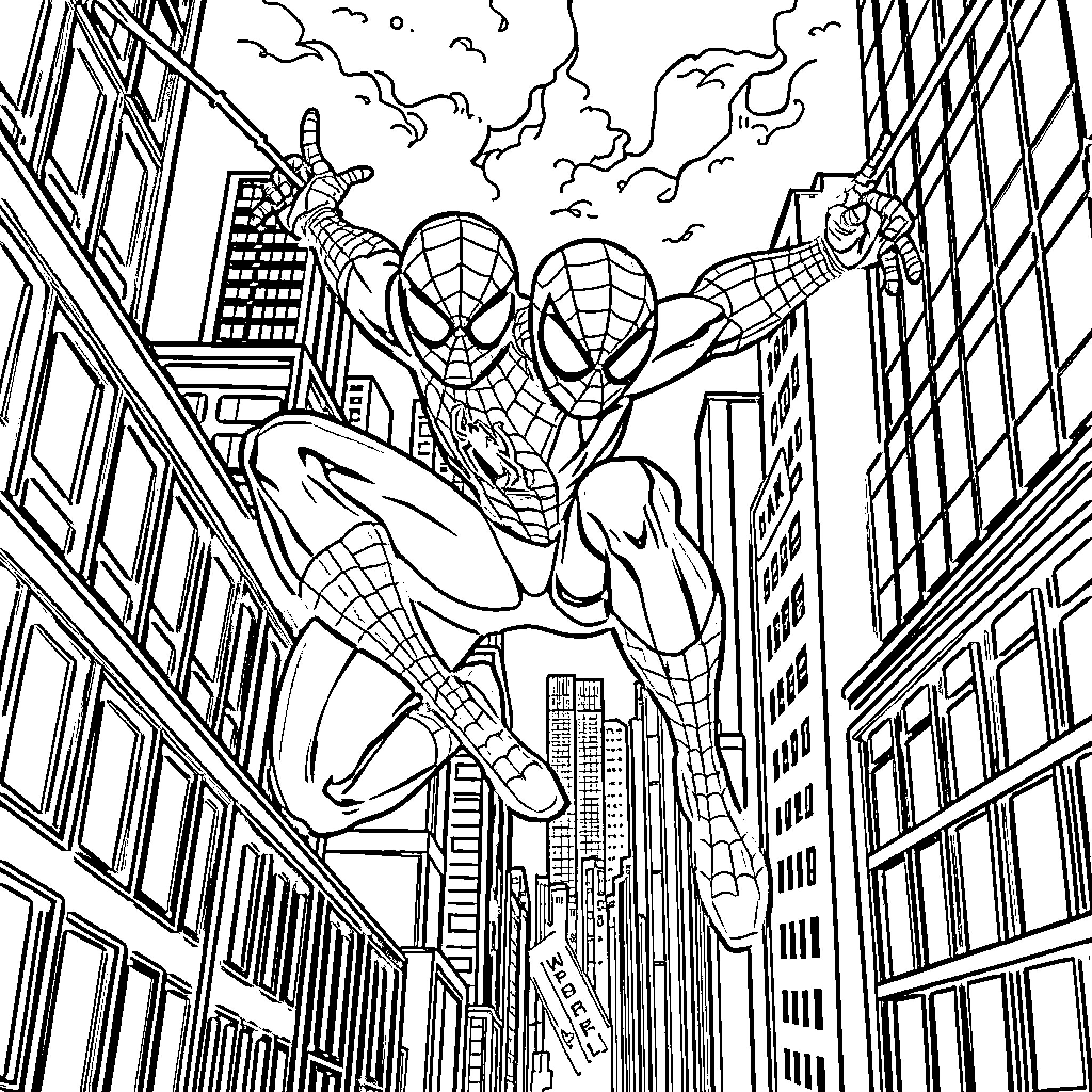 Spider-Man swinging through the city Coloring Page (free black-and-white line drawing printable PDF for all, from beginners to advanced learners, including children, teens, adults, and seniors)
