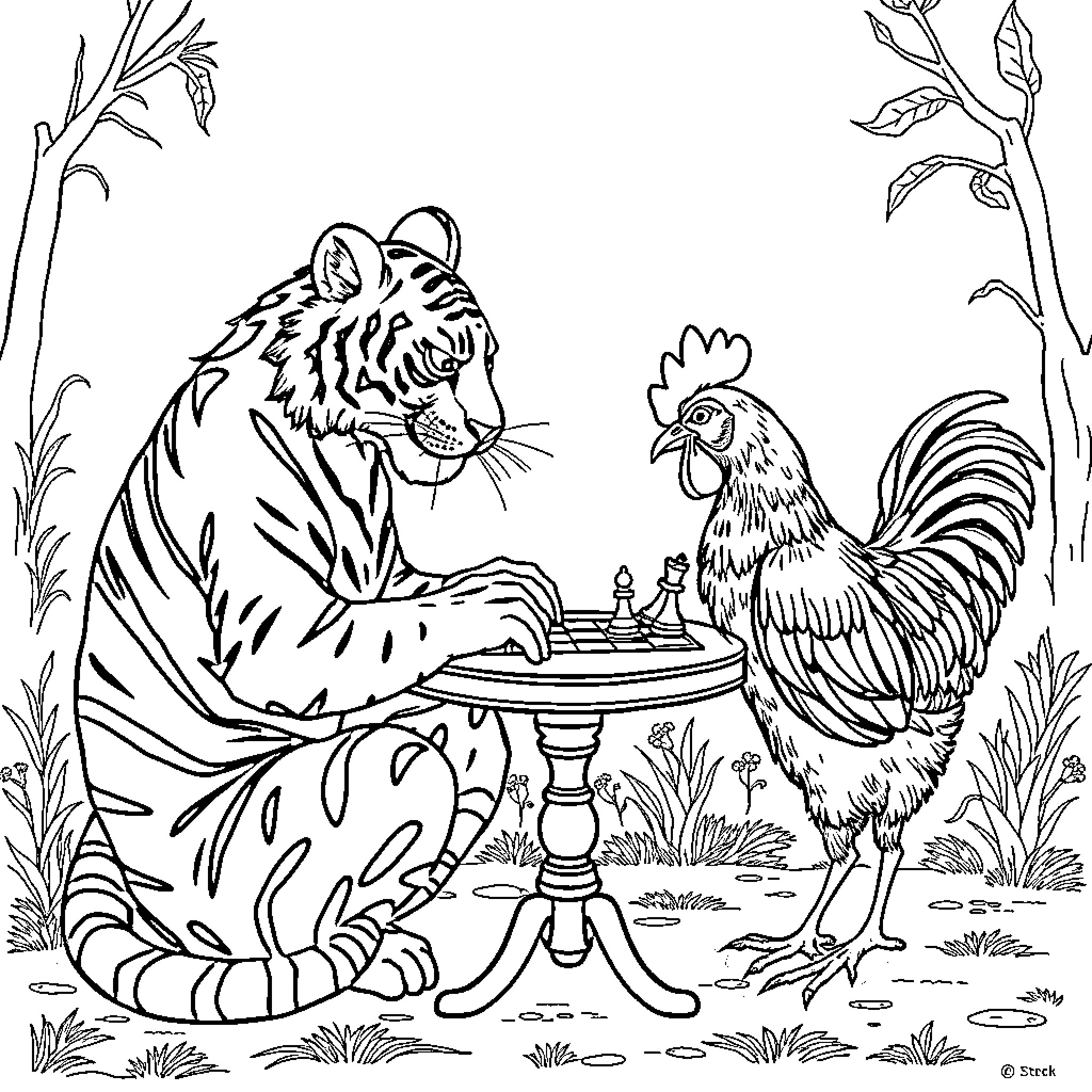 Tiger Contemplating Chess Match with Rooster Coloring Page (free black-and-white line drawing printable PDF for all, from beginners to advanced learners, including children, teens, adults, and seniors)