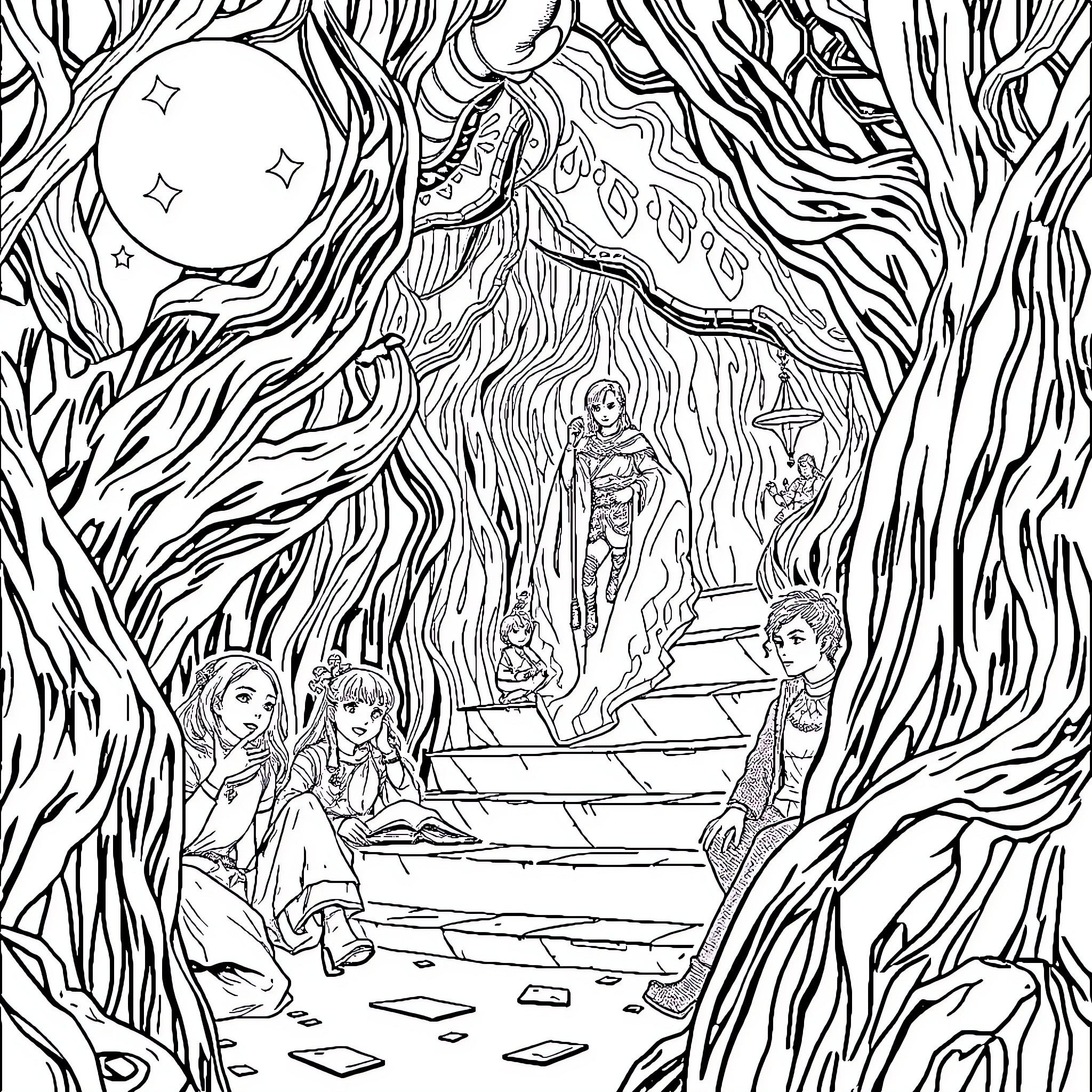 Book of fantasy adventure in a mystical forest Coloring Page (free black-and-white line drawing printable PDF for all, from beginners to advanced learners, including children, teens, adults, and seniors)