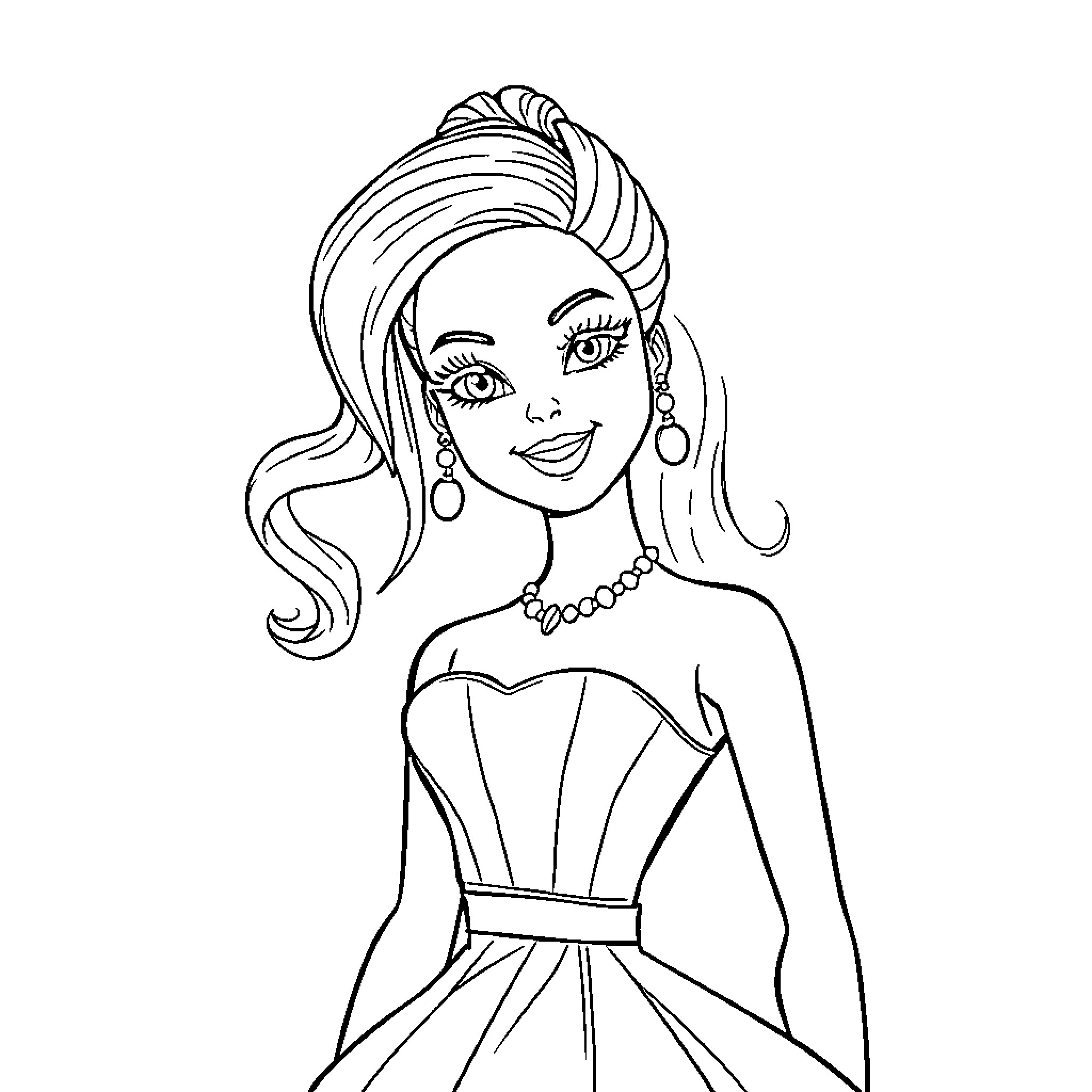 Barbie in a Glamorous Gown Coloring Page (free black-and-white line drawing printable PDF for all, from beginners to advanced learners, including children, teens, adults, and seniors)