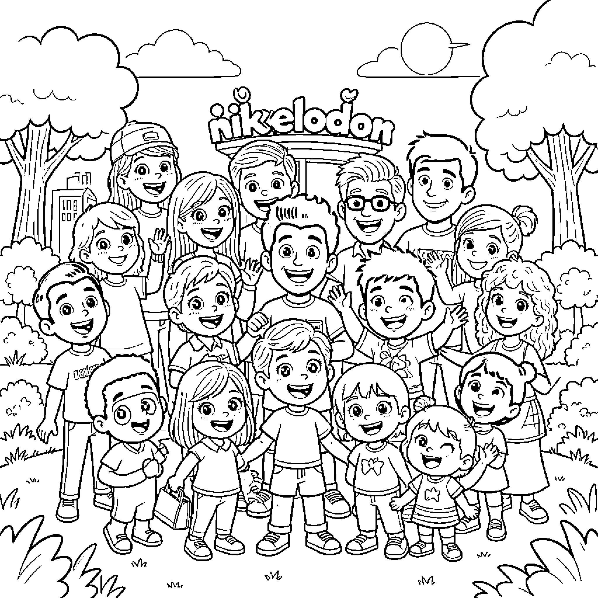 Nickelodeon Character Group Gathering Outdoors Coloring Page (free black-and-white line drawing printable PDF for all, from beginners to advanced learners, including children, teens, adults, and seniors)