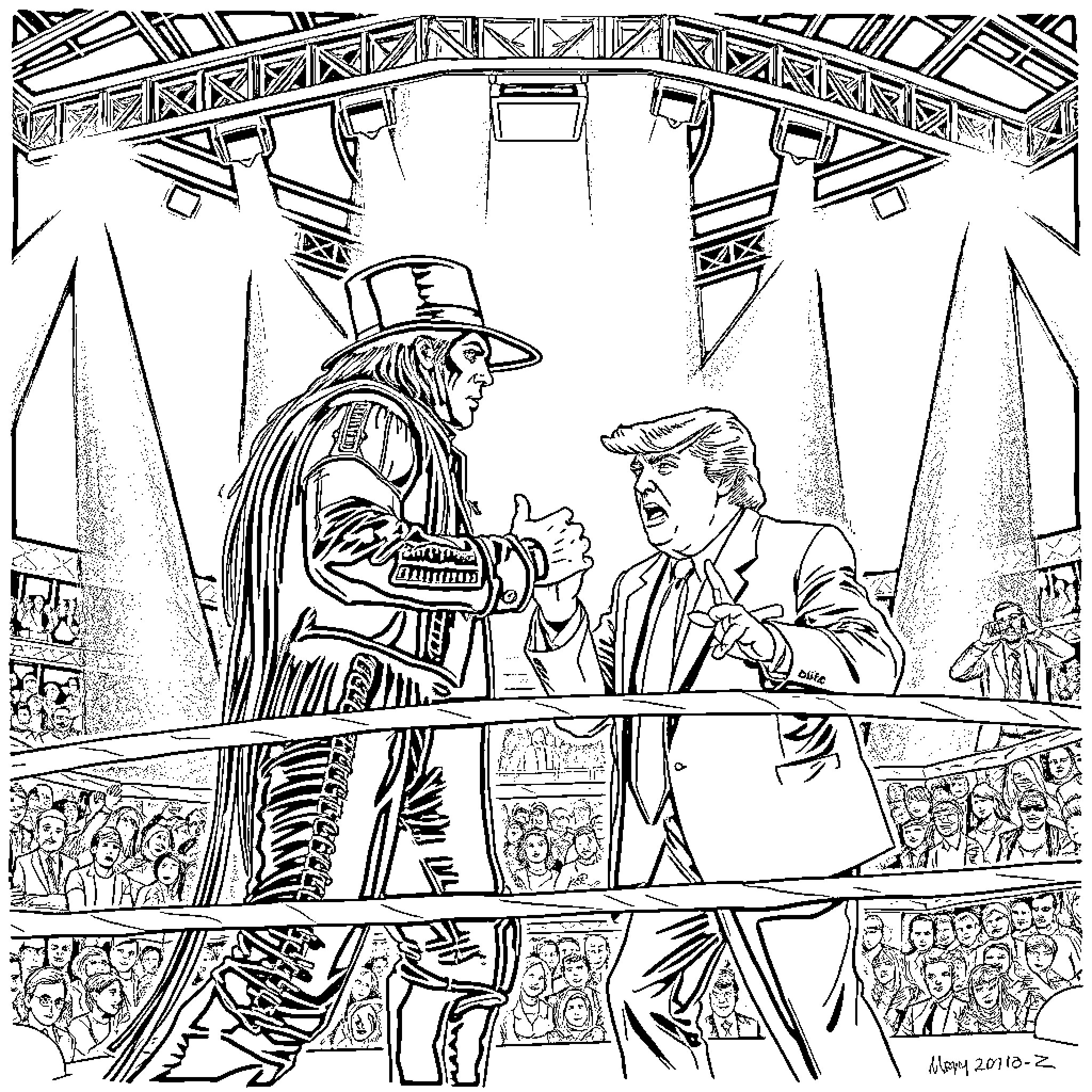 Undertaker confronting an opponent in a wrestling match Coloring Page (free black-and-white line drawing printable PDF for all, from beginners to advanced learners, including children, teens, adults, and seniors)