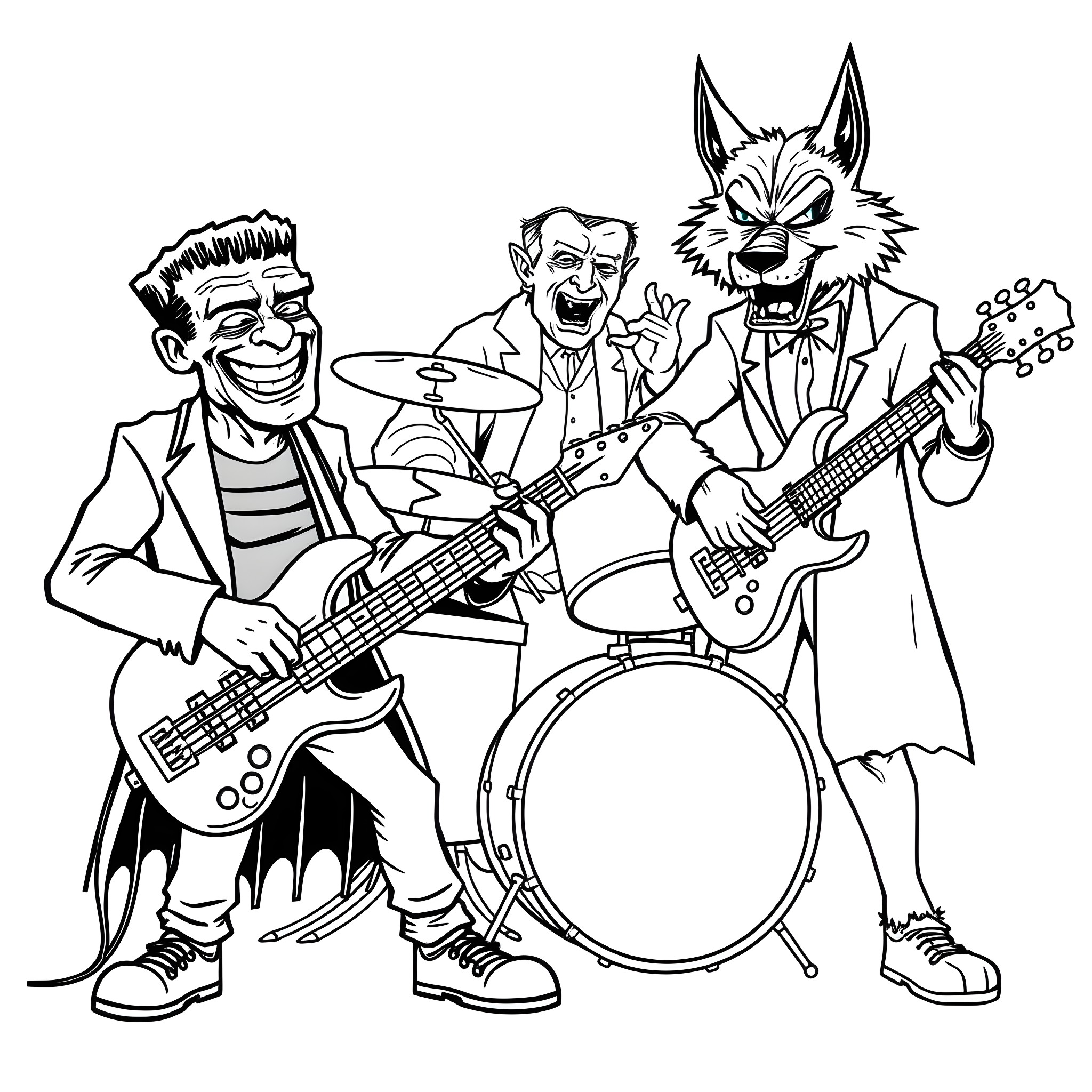 Monster band members rocking out on stage Coloring Page (free black-and-white line drawing printable PDF for all, from beginners to advanced learners, including children, teens, adults, and seniors)