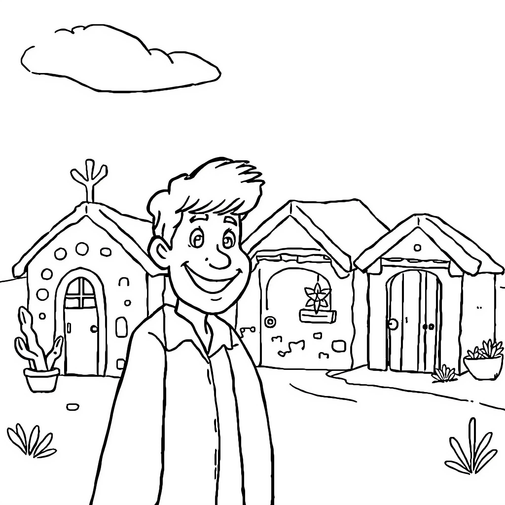 Dean's fun day out in the small town Coloring Page (free black-and-white line drawing printable PDF for all, from beginners to advanced learners, including children, teens, adults, and seniors)
