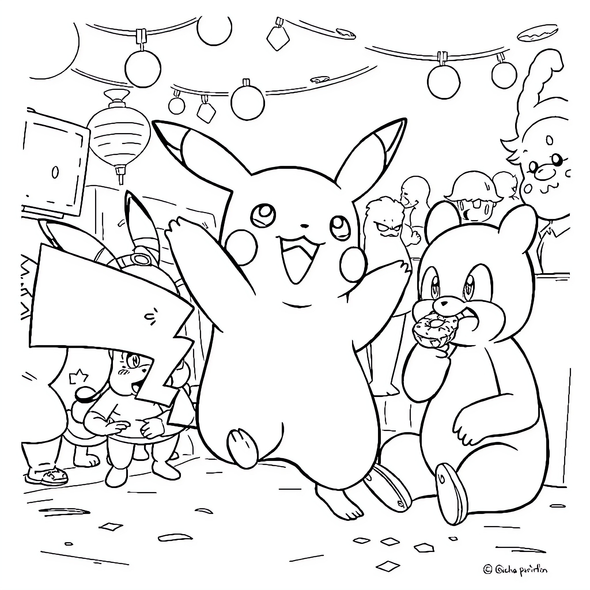 Pikachu and Friends Enjoying a Festive Gathering Coloring Page (free black-and-white line drawing printable PDF for all, from beginners to advanced learners, including children, teens, adults, and seniors)