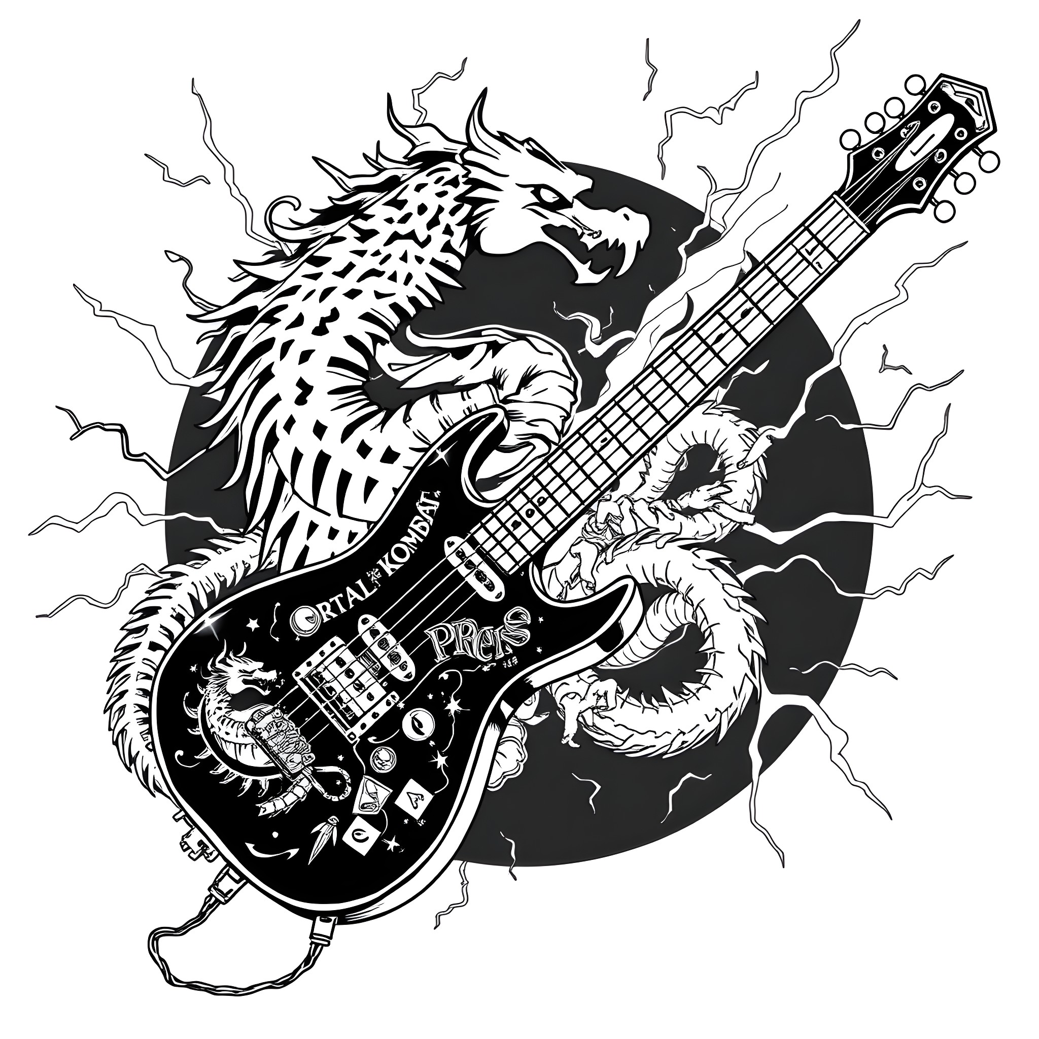 Guitar with dragon and lightning design Coloring Page (free black-and-white line drawing printable PDF for all, from beginners to advanced learners, including children, teens, adults, and seniors)