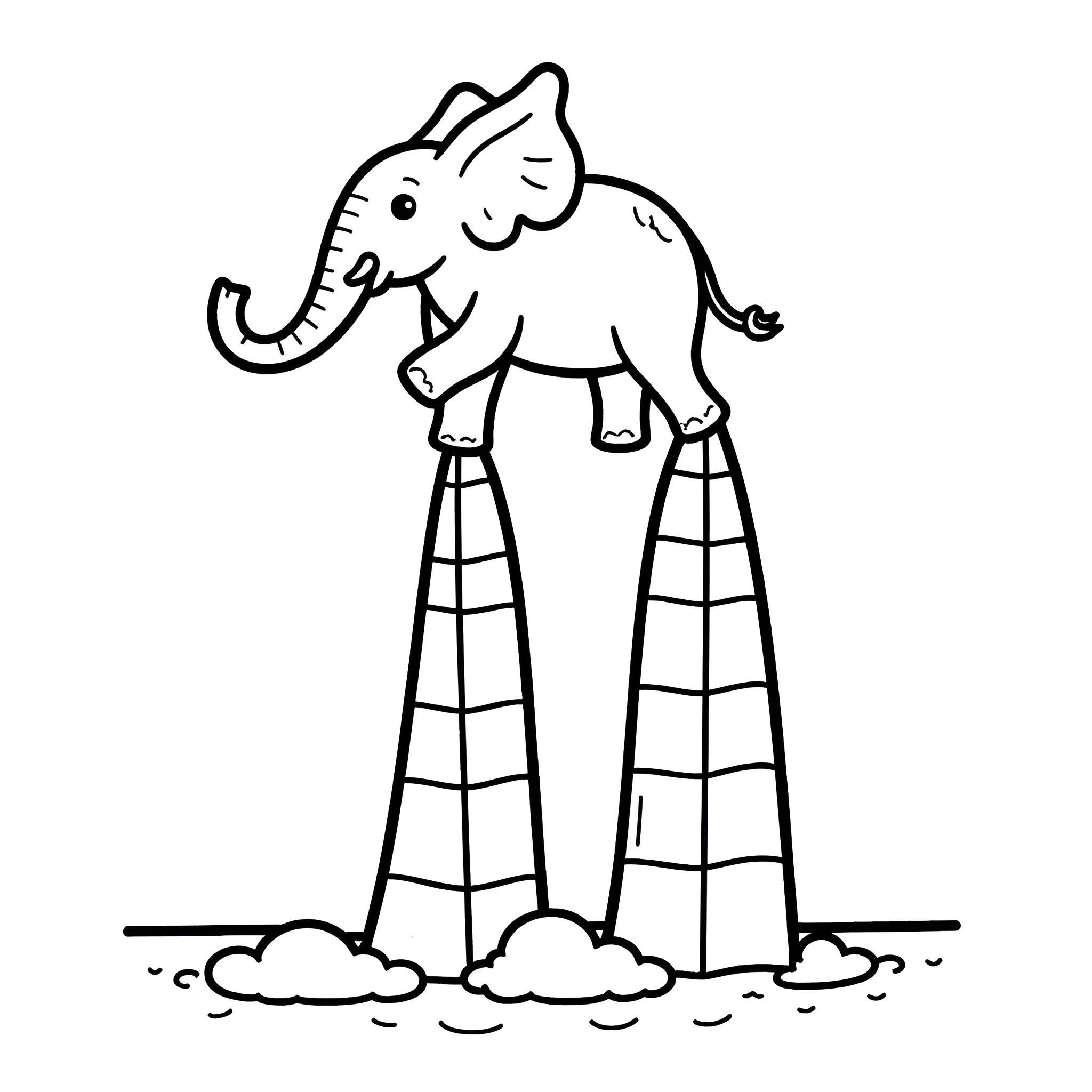 Elephant walking on stilts Coloring Page (free black-and-white line drawing printable PDF for all, from beginners to advanced learners, including children, teens, adults, and seniors)