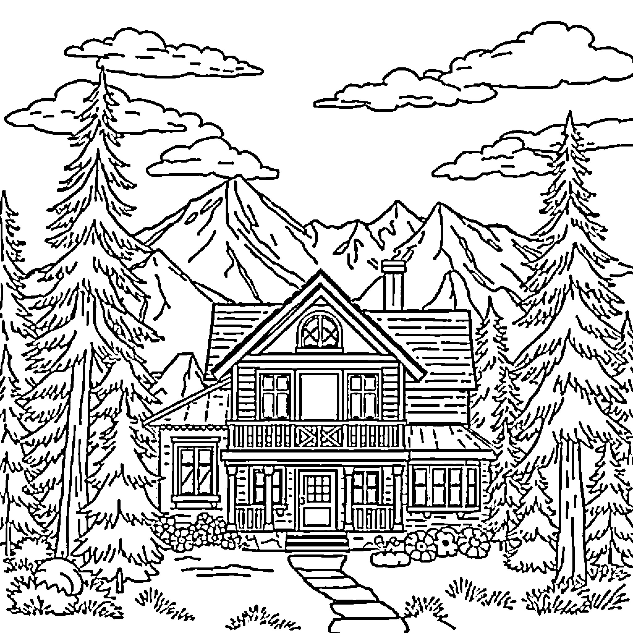Gabby Dollhouse in a Scenic Mountain Retreat Coloring Page (free black-and-white line drawing printable PDF for all, from beginners to advanced learners, including children, teens, adults, and seniors)