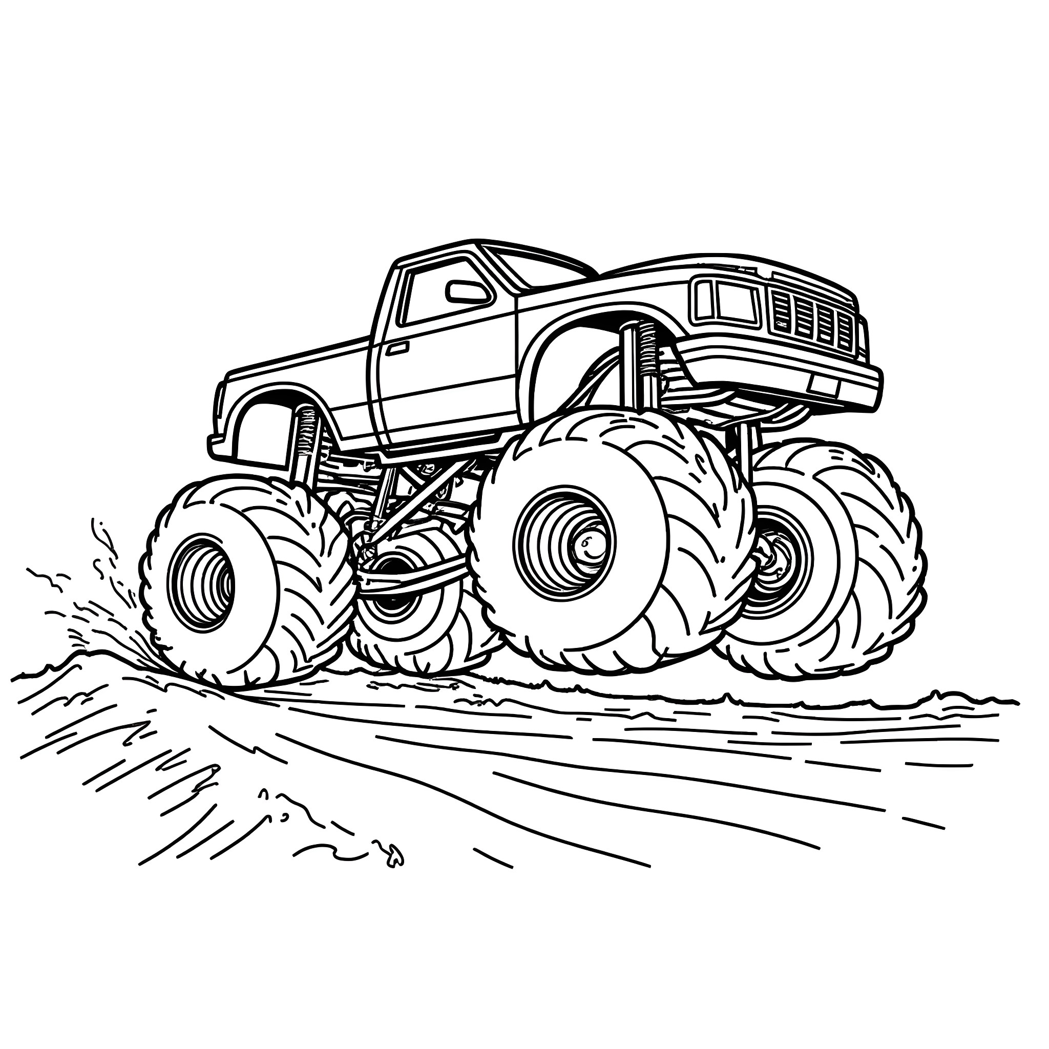 Monster Truck Crushing Through the Terrain Coloring Page (free black-and-white line drawing printable PDF for all, from beginners to advanced learners, including children, teens, adults, and seniors)
