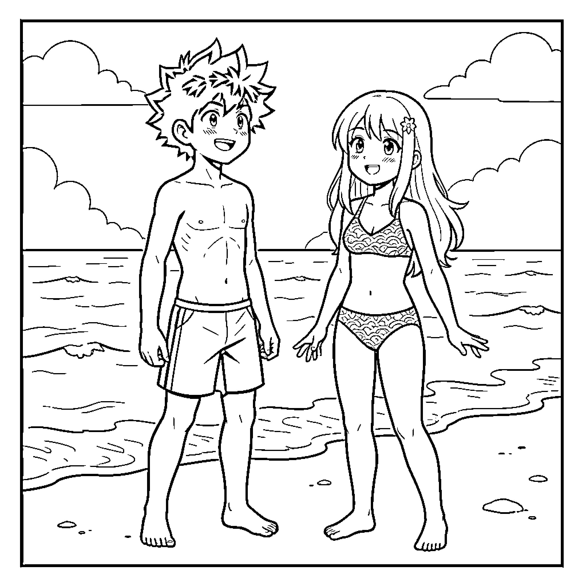 Izuku Midoriya and a friend standing on a beach Coloring Page (free black-and-white line drawing printable PDF for all, from beginners to advanced learners, including children, teens, adults, and seniors)