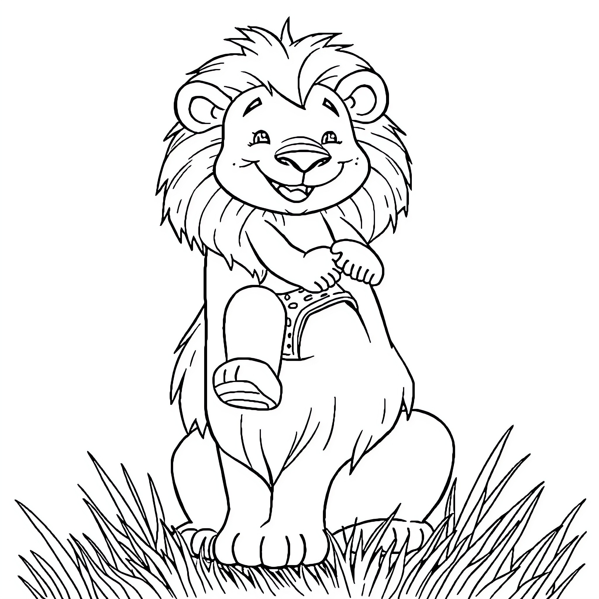 Child drawing happy cartoon lion in the wild Coloring Page (free black-and-white line drawing printable PDF for all, from beginners to advanced learners, including children, teens, adults, and seniors)