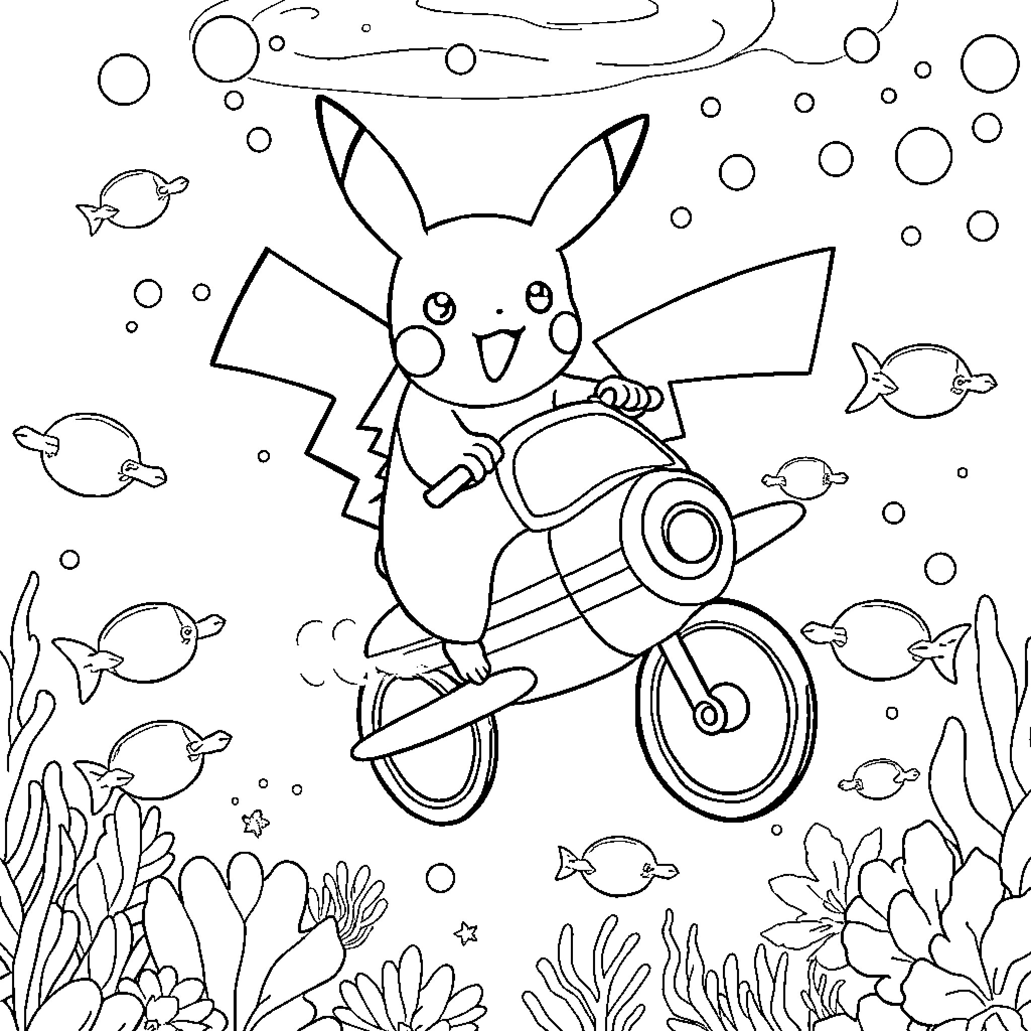 Pikachu riding a bicycle underwater Coloring Page (free black-and-white line drawing printable PDF for all, from beginners to advanced learners, including children, teens, adults, and seniors)
