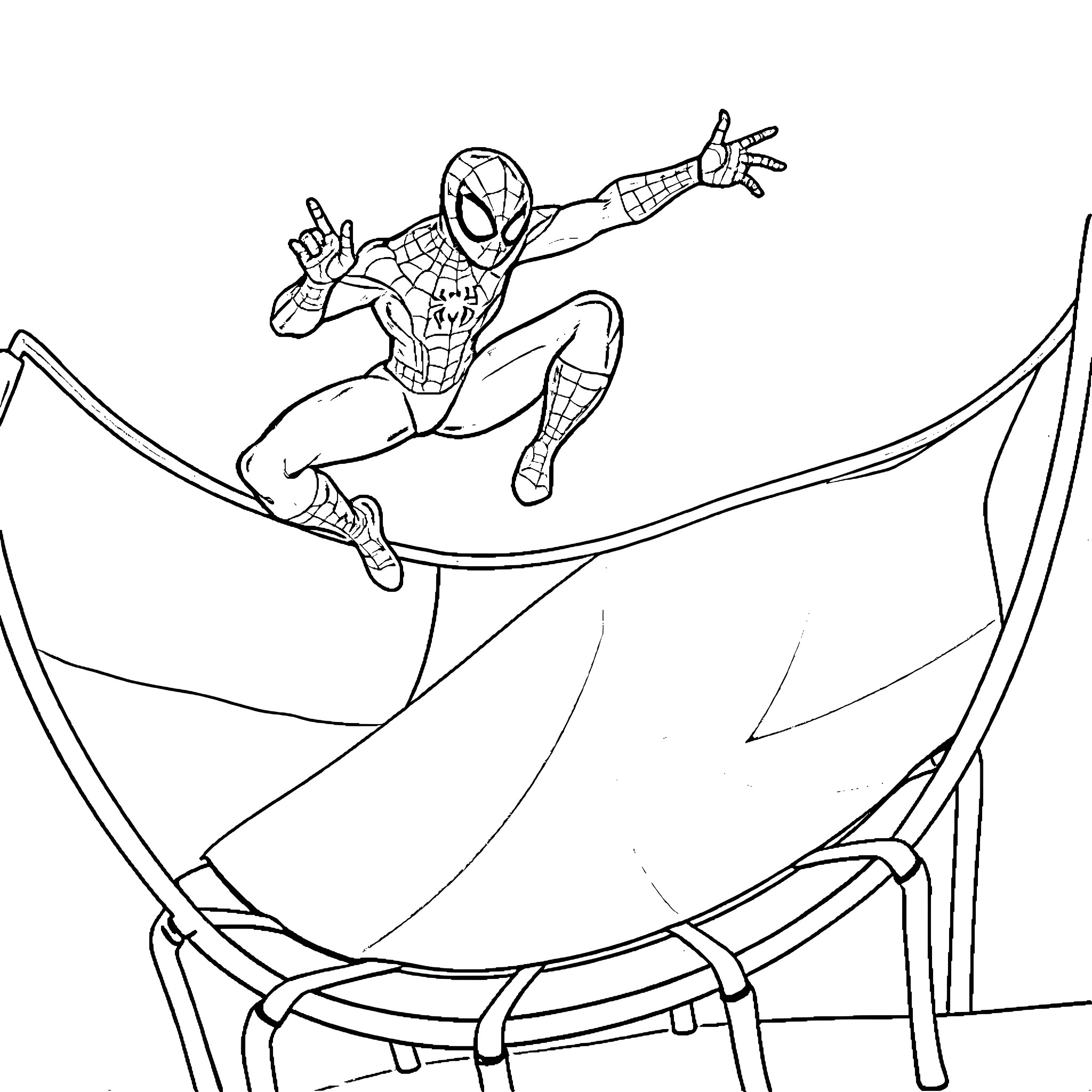 Spider-Man swinging through the air on web Coloring Page (free black-and-white line drawing printable PDF for all, from beginners to advanced learners, including children, teens, adults, and seniors)
