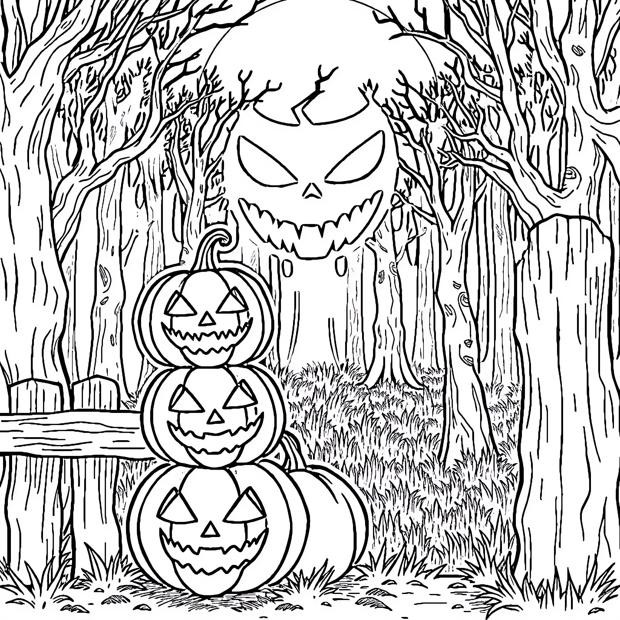 Jack-o'-lantern spooky forest scene Coloring Page (free black-and-white line drawing printable PDF for all, from beginners to advanced learners, including children, teens, adults, and seniors)
