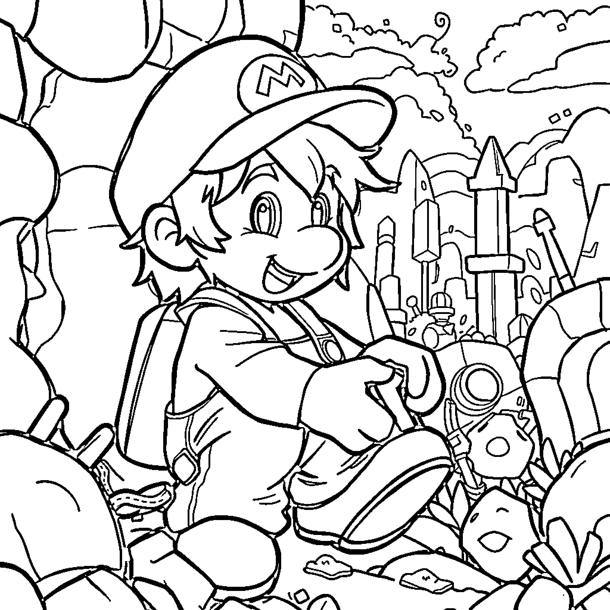 Boy exploring the magical world of video games Coloring Page (free black-and-white line drawing printable PDF for all, from beginners to advanced learners, including children, teens, adults, and seniors)