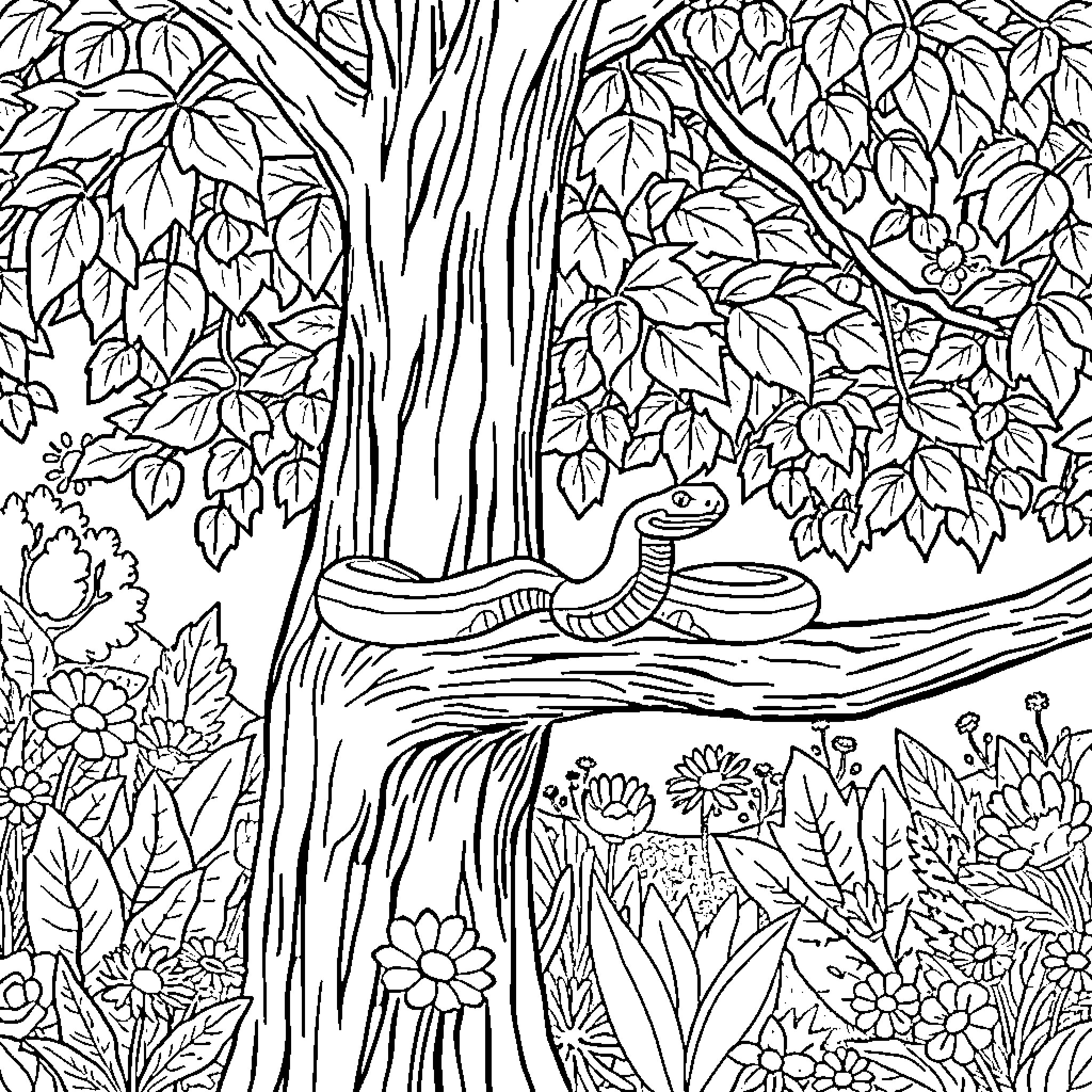 Snake coiled around tree branch in lush forest Coloring Page (free black-and-white line drawing printable PDF for all, from beginners to advanced learners, including children, teens, adults, and seniors)