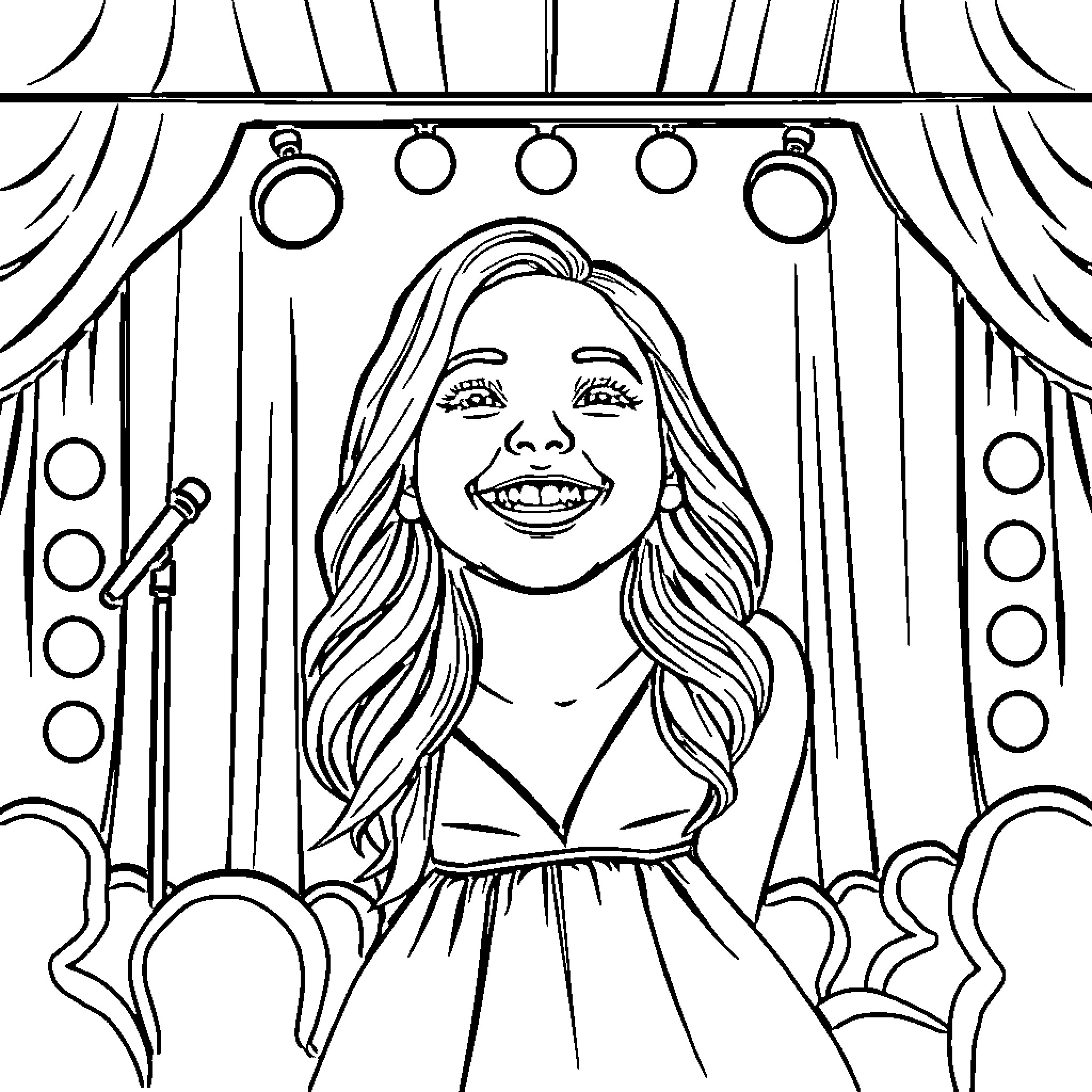 Sabrina Carpenter performing on stage with theatrical backdrop Coloring Page (free black-and-white line drawing printable PDF for all, from beginners to advanced learners, including children, teens, adults, and seniors)