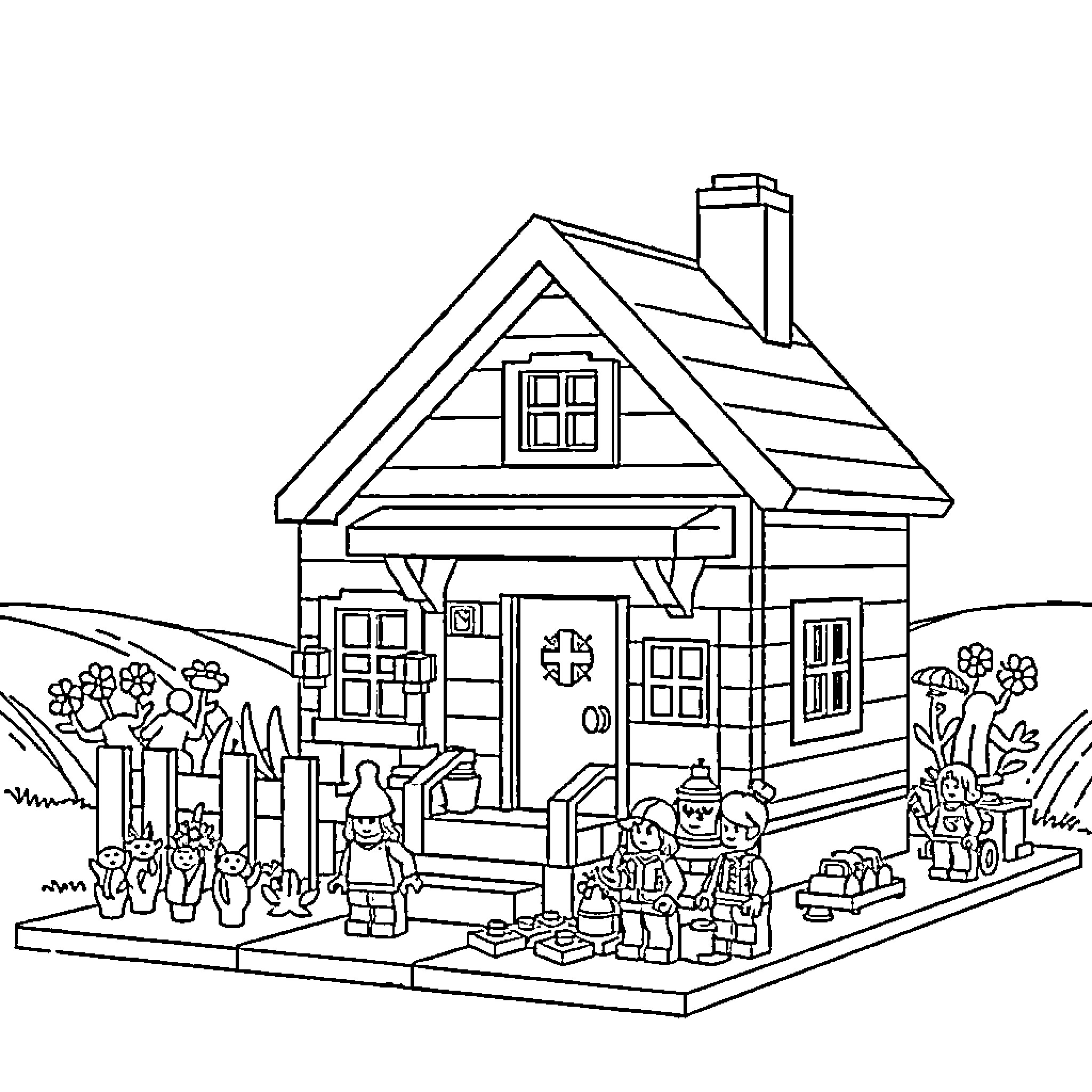 House with people gathering around it Coloring Page (free black-and-white line drawing printable PDF for all, from beginners to advanced learners, including children, teens, adults, and seniors)