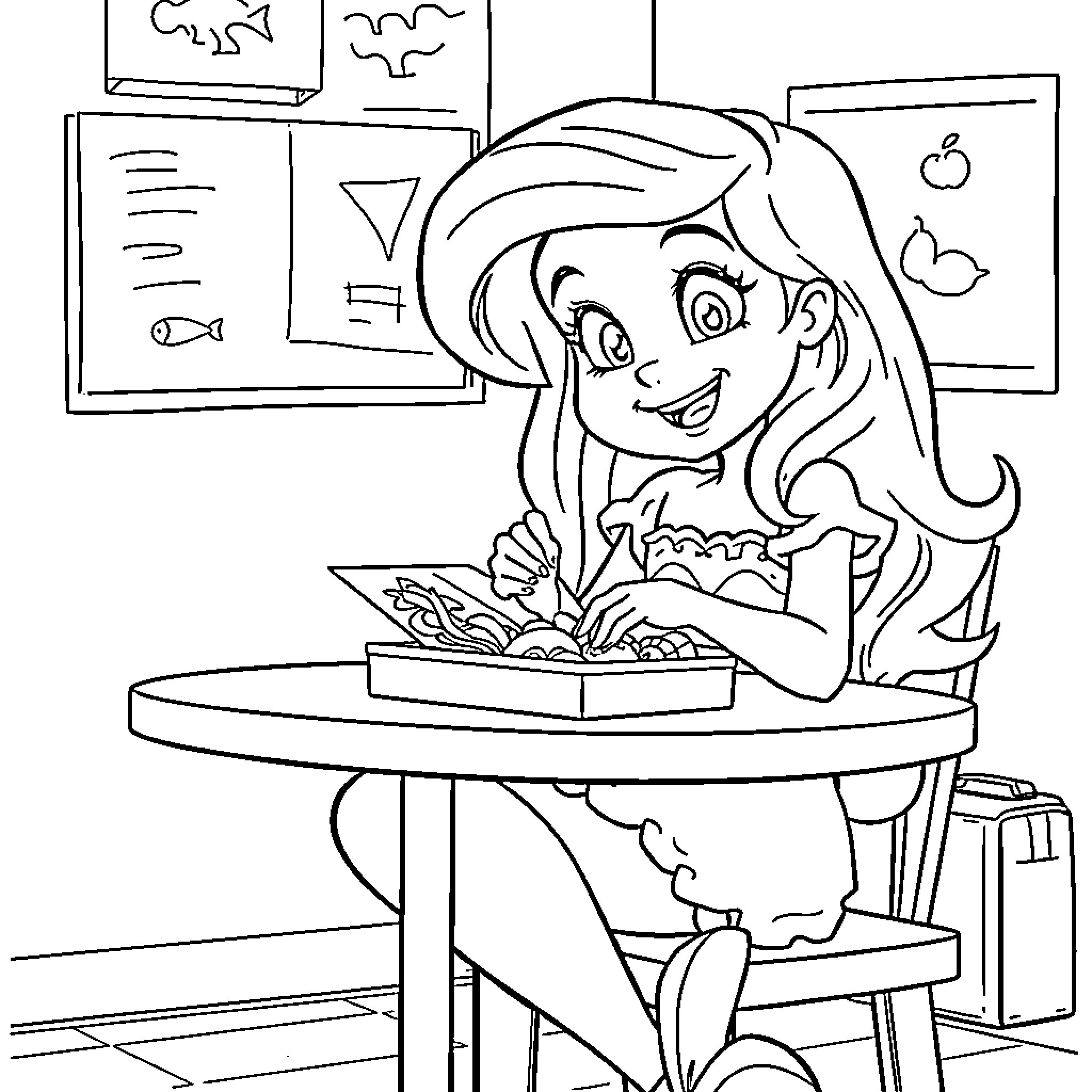 Ariel's Cooking Adventure in the Kitchen Coloring Page (free black-and-white line drawing printable PDF for all, from beginners to advanced learners, including children, teens, adults, and seniors)