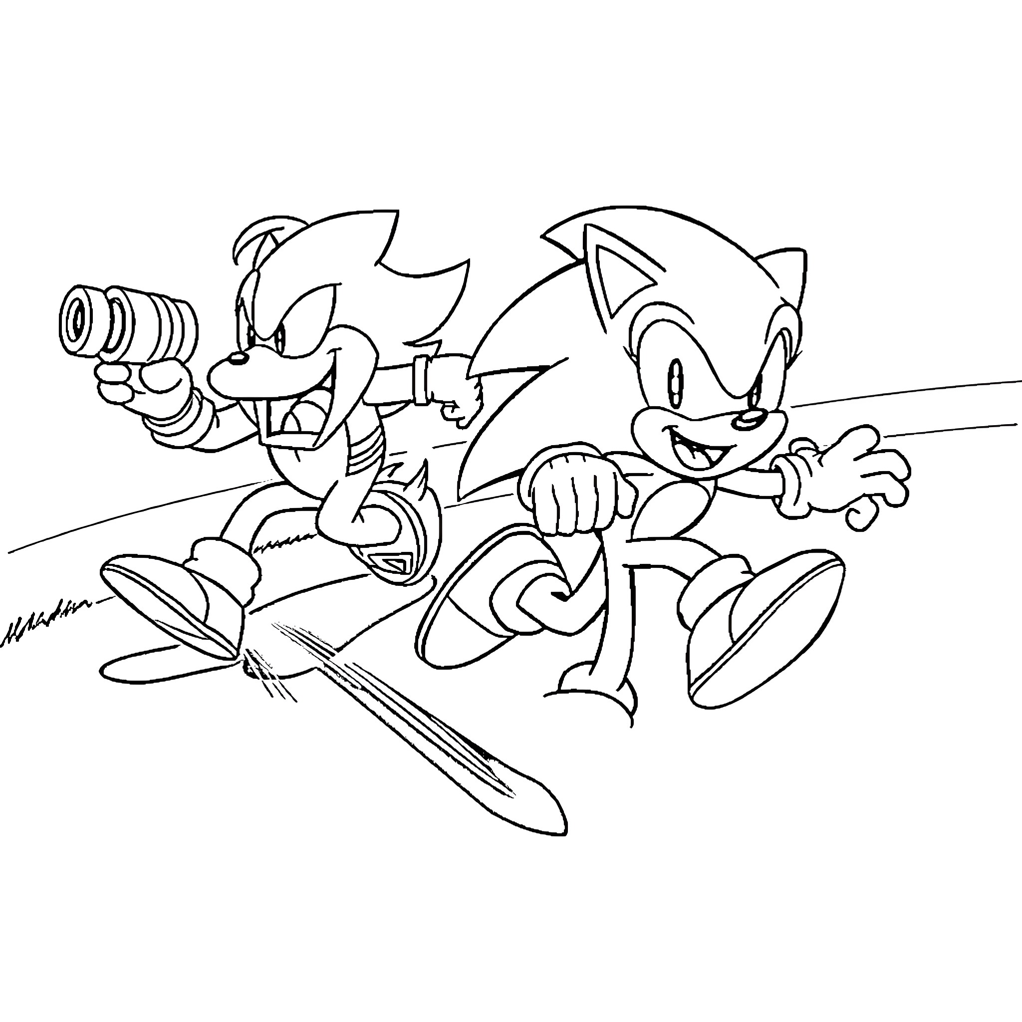 Sonic and Knuckles on an adventure Coloring Page (free black-and-white line drawing printable PDF for all, from beginners to advanced learners, including children, teens, adults, and seniors)