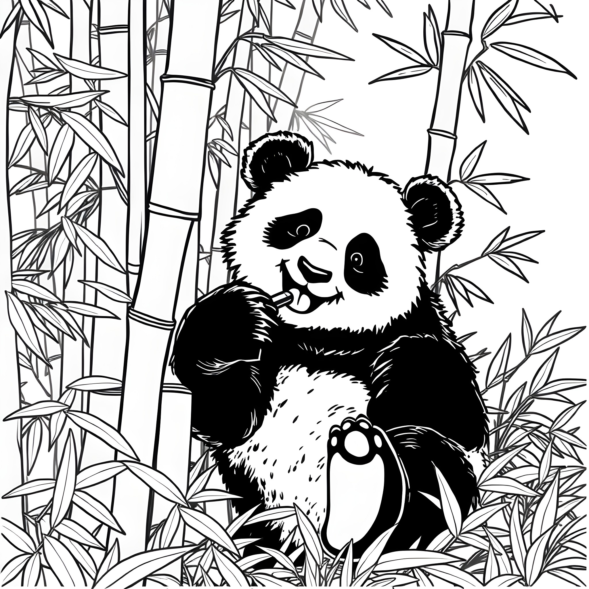 Panda resting peacefully in the bamboo forest Coloring Page (free black-and-white line drawing printable PDF for all, from beginners to advanced learners, including children, teens, adults, and seniors)