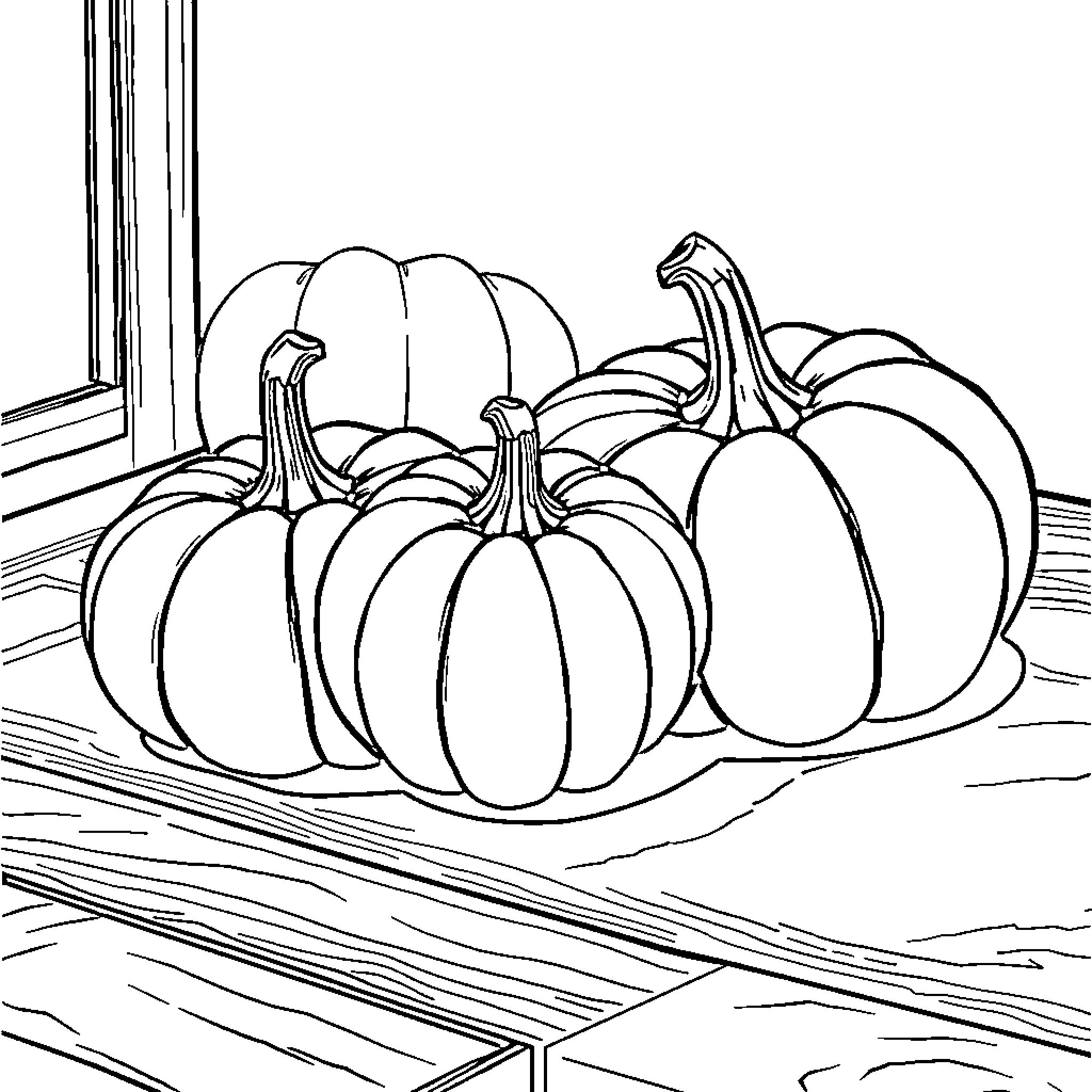 Pumpkins gathered on a wooden table Coloring Page (free black-and-white line drawing printable PDF for all, from beginners to advanced learners, including children, teens, adults, and seniors)