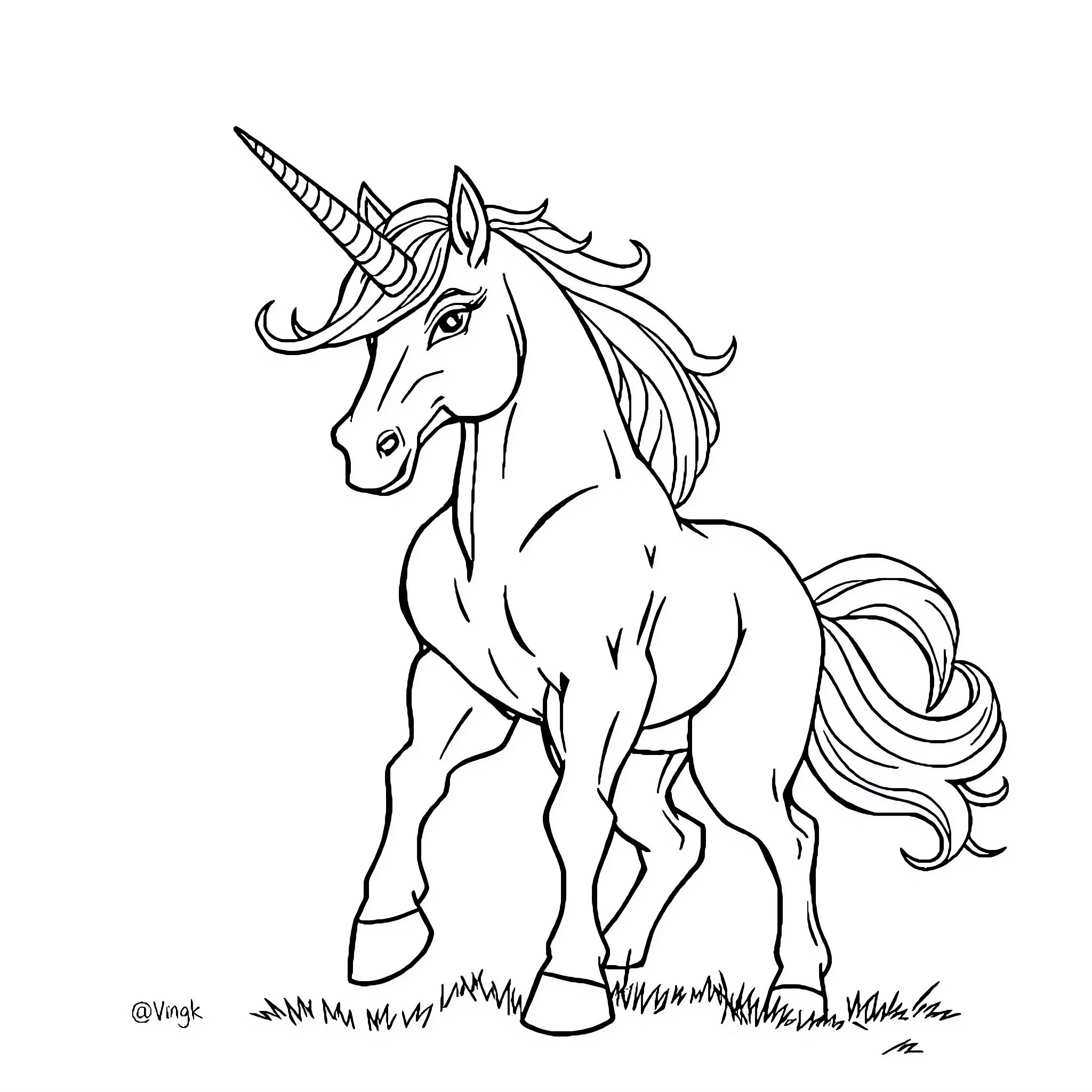 Unicorn standing proudly in a field Coloring Page (free black-and-white line drawing printable PDF for all, from beginners to advanced learners, including children, teens, adults, and seniors)