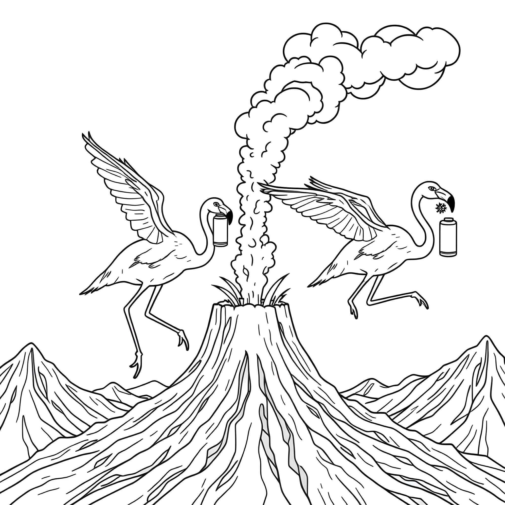 Dino Nugget Flamingos Erupting Volcano Adventure Coloring Page (free black-and-white line drawing printable PDF for all, from beginners to advanced learners, including children, teens, adults, and seniors)