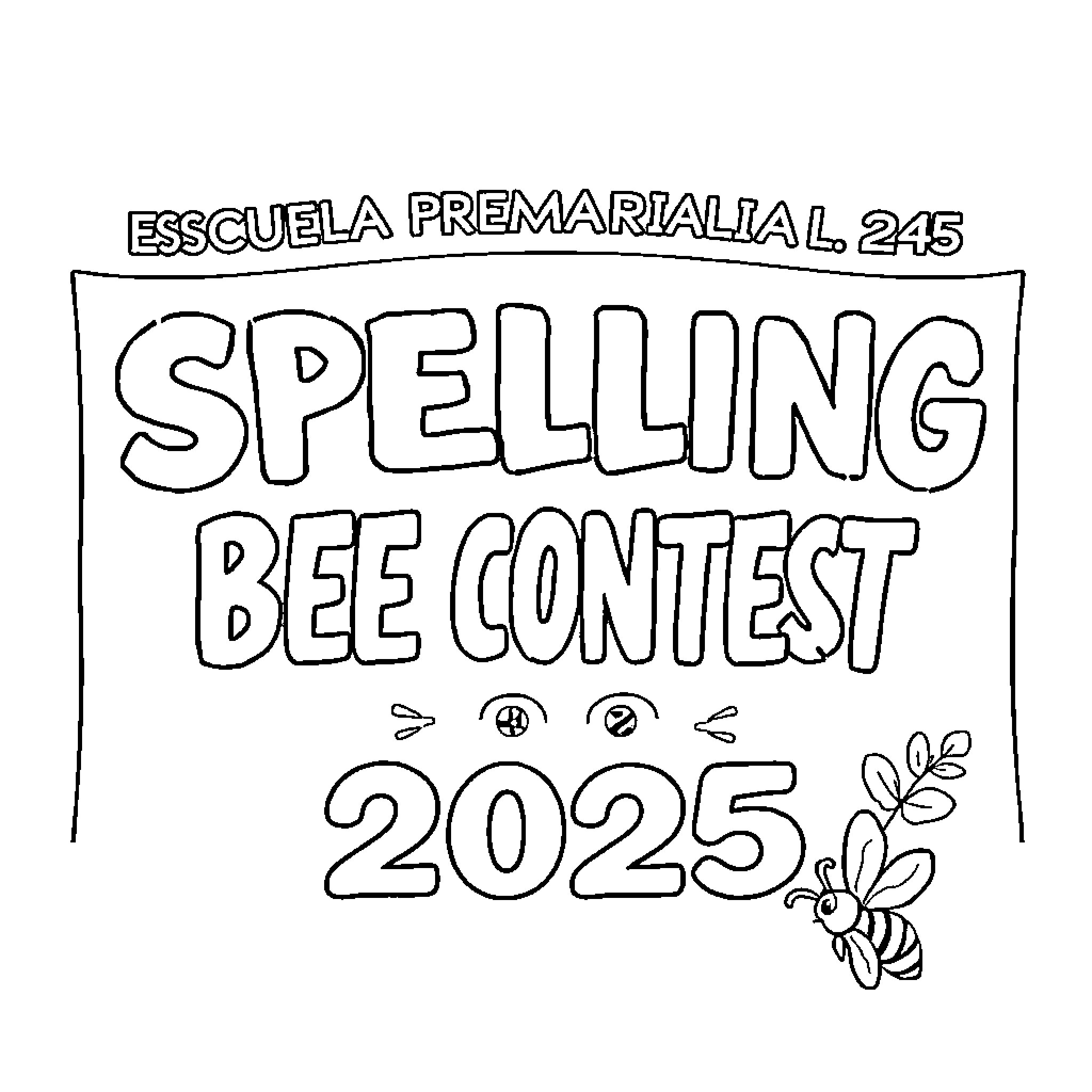 Bee Spelling Contest 2025 Coloring Page (free black-and-white line drawing printable PDF for all, from beginners to advanced learners, including children, teens, adults, and seniors)