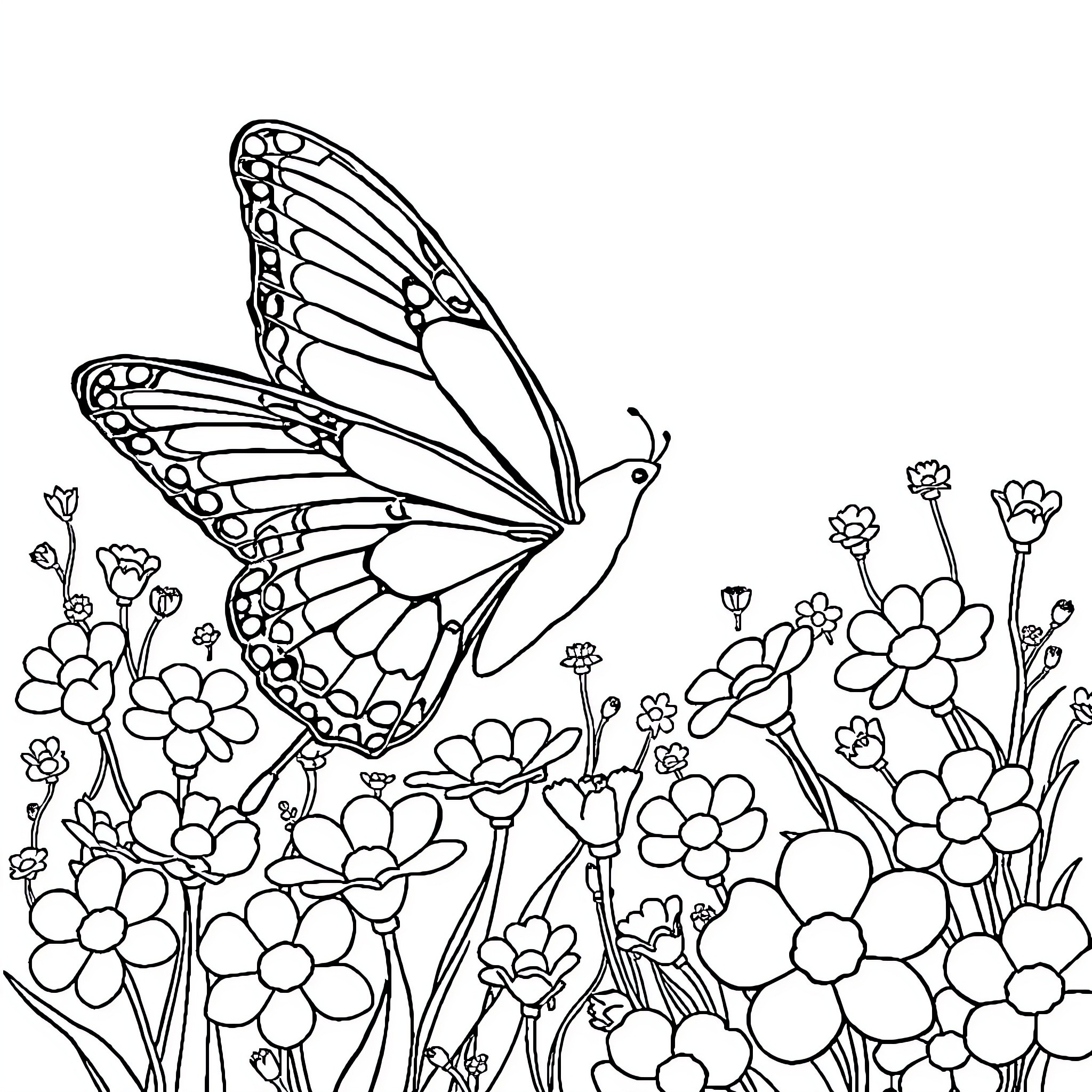Butterfly among floral field Coloring Page (free black-and-white line drawing printable PDF for all, from beginners to advanced learners, including children, teens, adults, and seniors)