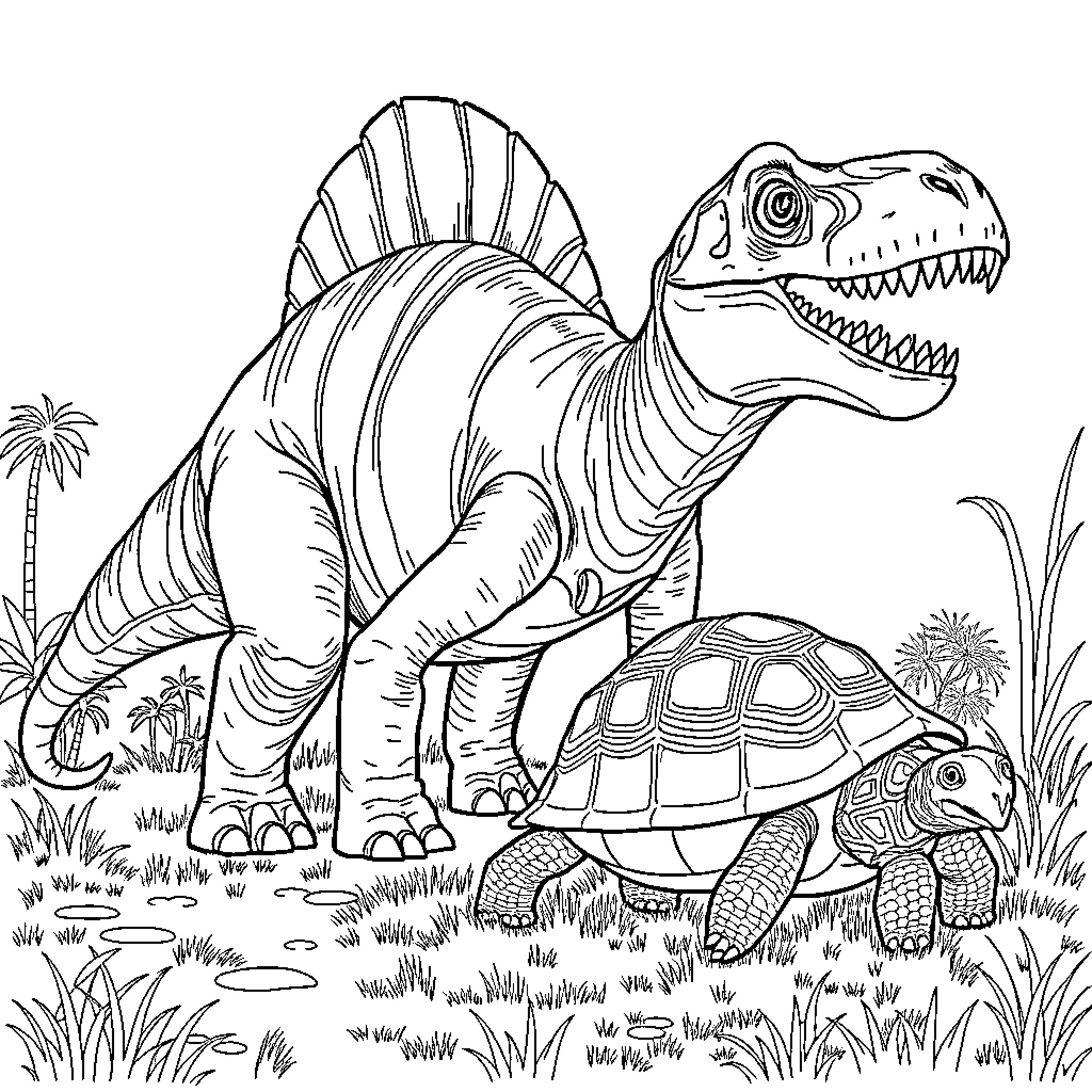 Fossil dinosaurs and prehistoric creatures in the wild Coloring Page (free black-and-white line drawing printable PDF for all, from beginners to advanced learners, including children, teens, adults, and seniors)