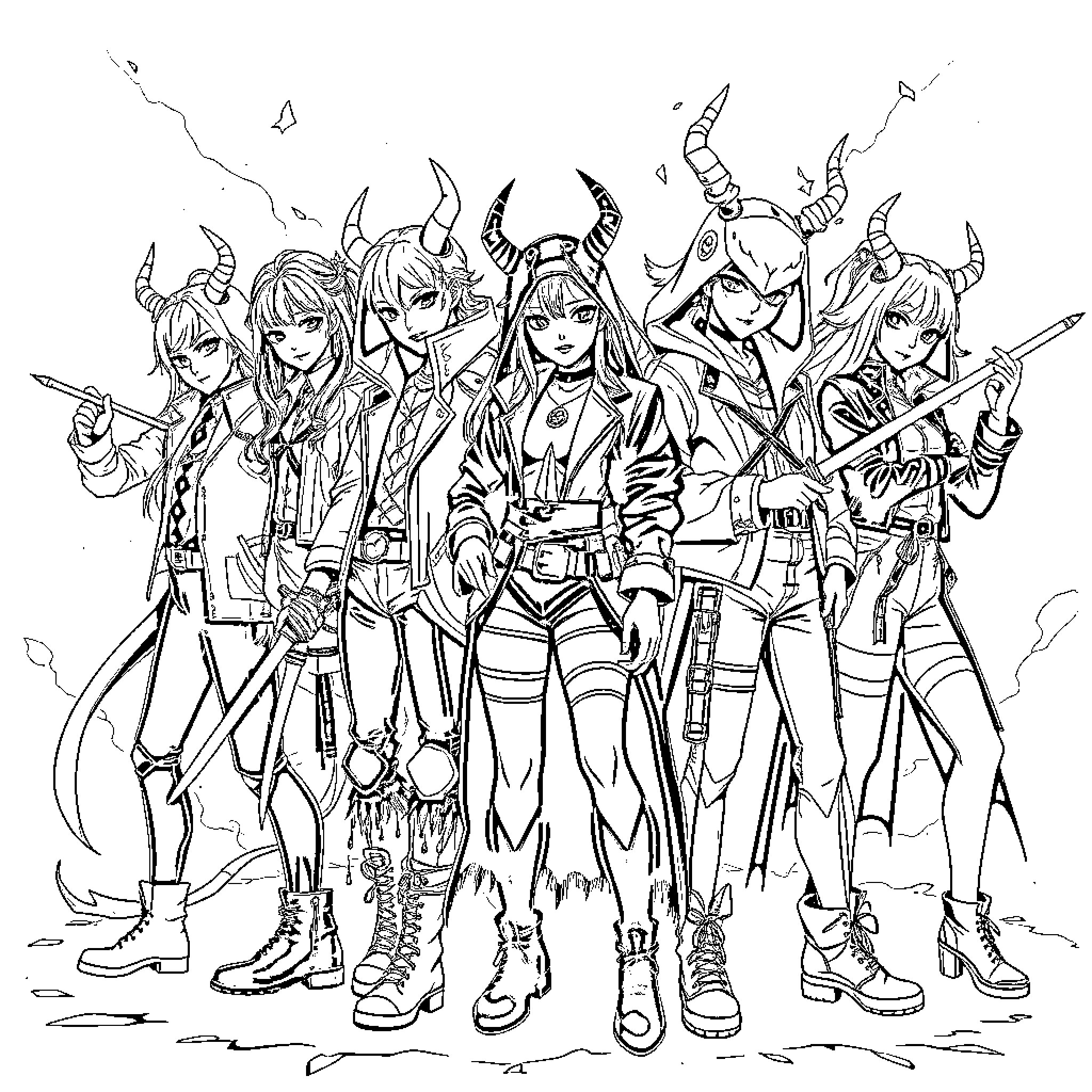 Demon Hunters in Battle Gear and Fierce Expressions Coloring Page (free black-and-white line drawing printable PDF for all, from beginners to advanced learners, including children, teens, adults, and seniors)