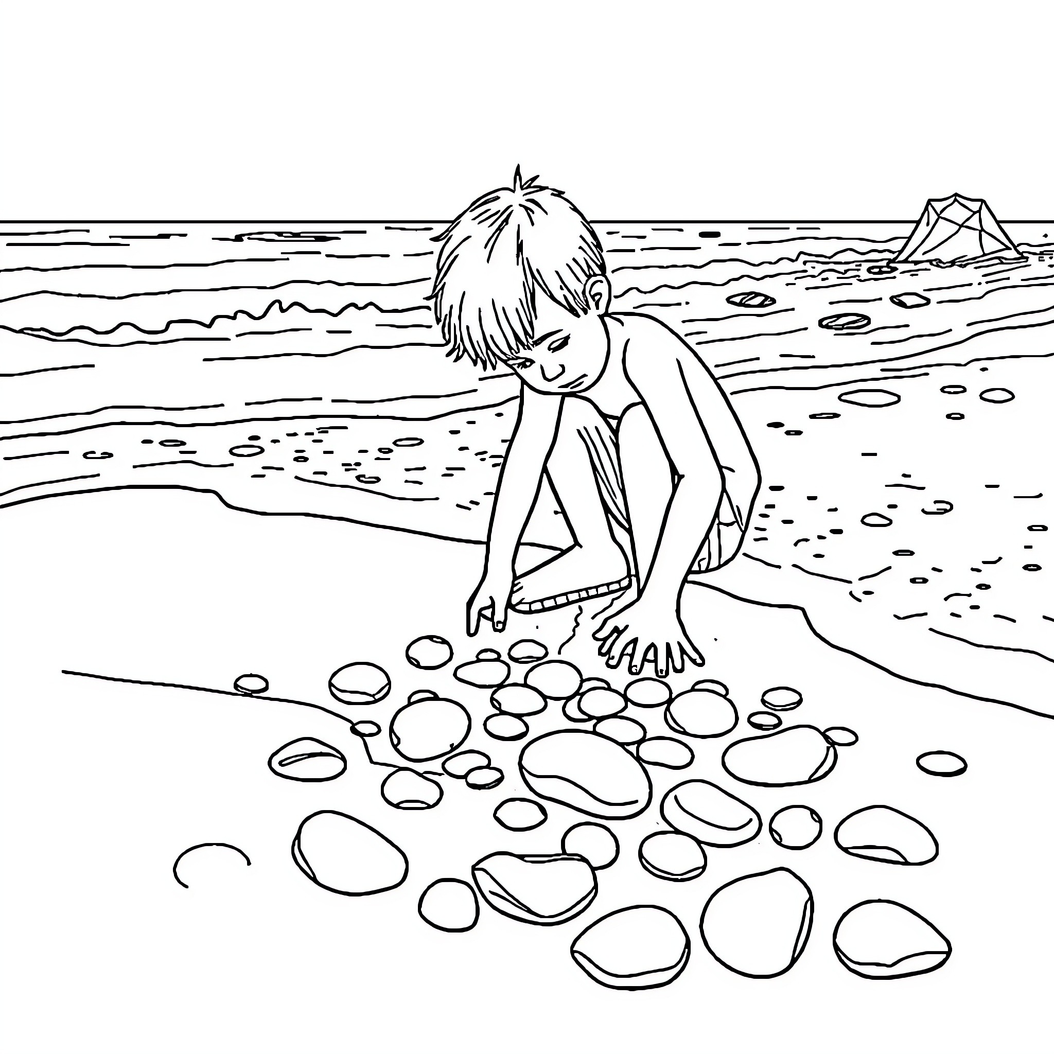 Person playing on the beach with rocks Coloring Page (free black-and-white line drawing printable PDF for all, from beginners to advanced learners, including children, teens, adults, and seniors)
