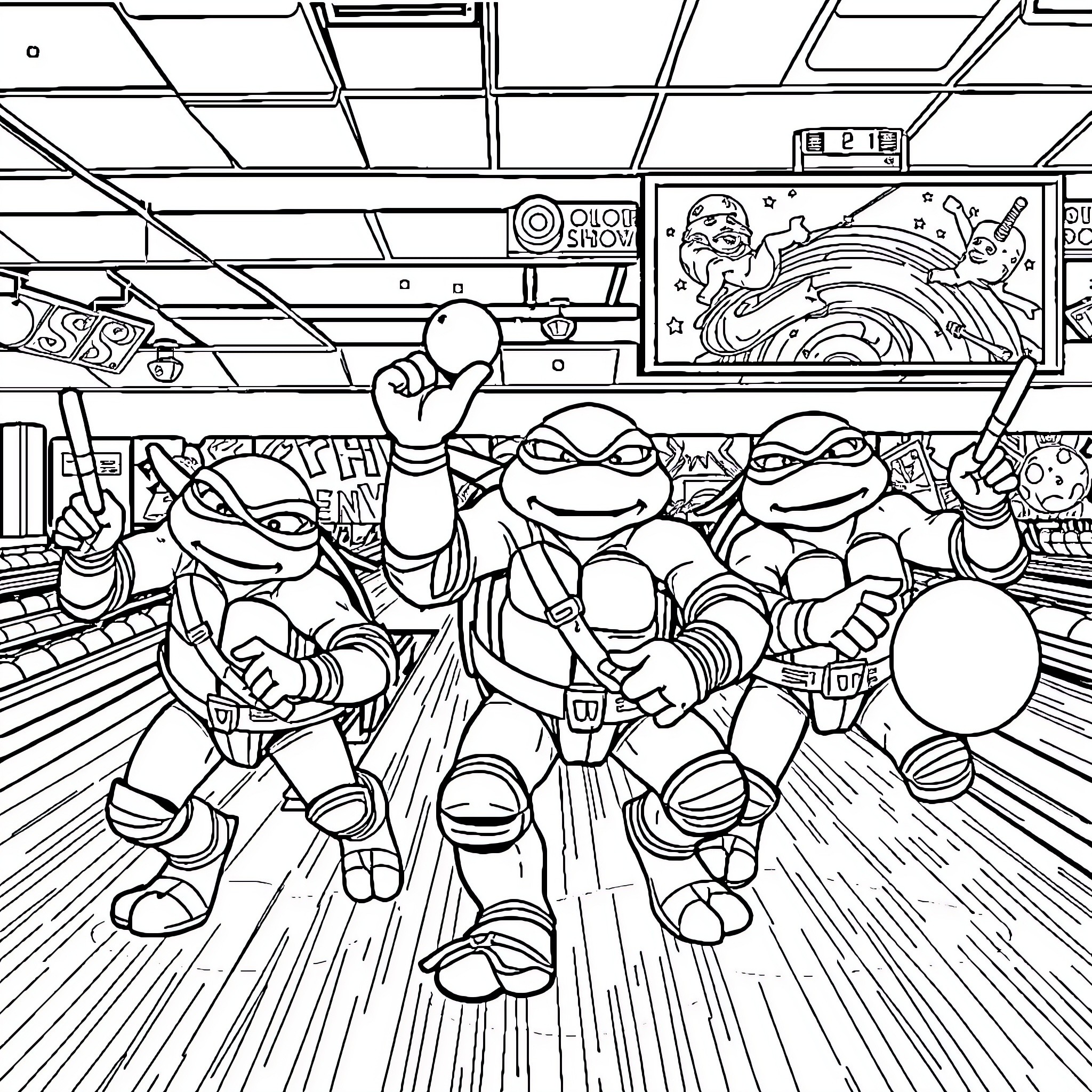 Teenage Mutant Ninja Turtles bowling in the alley Coloring Page (free black-and-white line drawing printable PDF for all, from beginners to advanced learners, including children, teens, adults, and seniors)