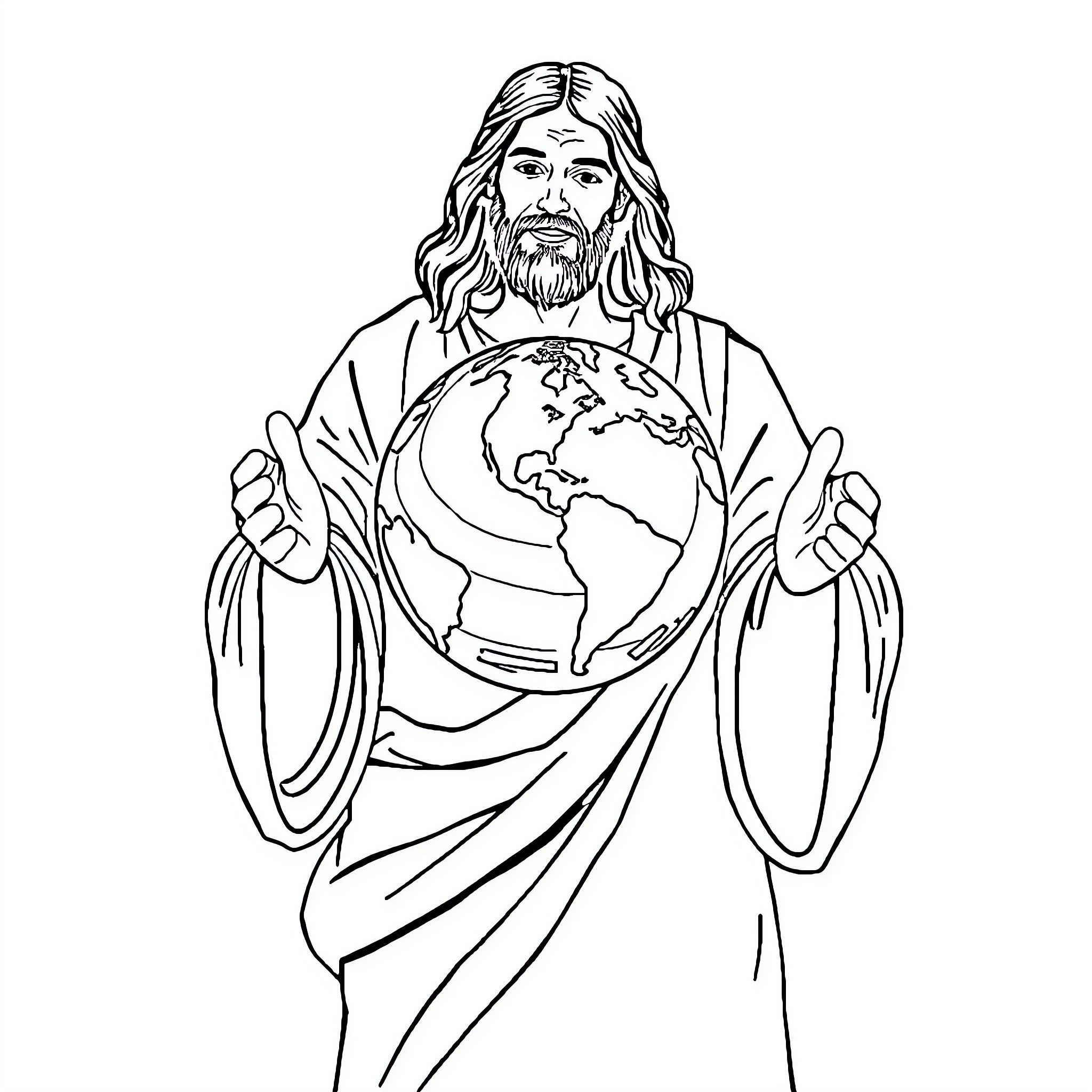 Jesus holding the world in his hands Coloring Page (free black-and-white line drawing printable PDF for all, from beginners to advanced learners, including children, teens, adults, and seniors)