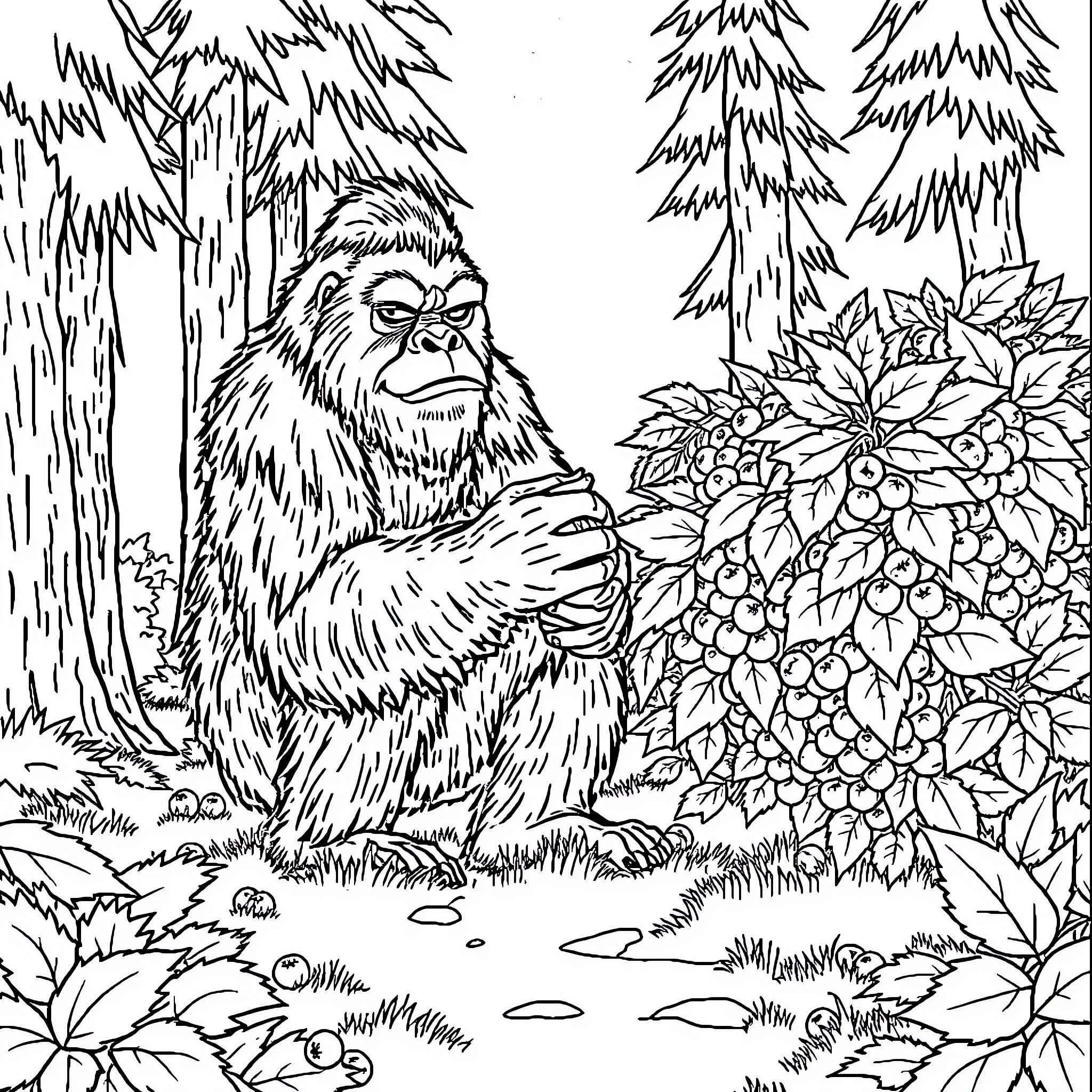 Sasquatch examining flora in serene forest setting Coloring Page (free black-and-white line drawing printable PDF for all, from beginners to advanced learners, including children, teens, adults, and seniors)