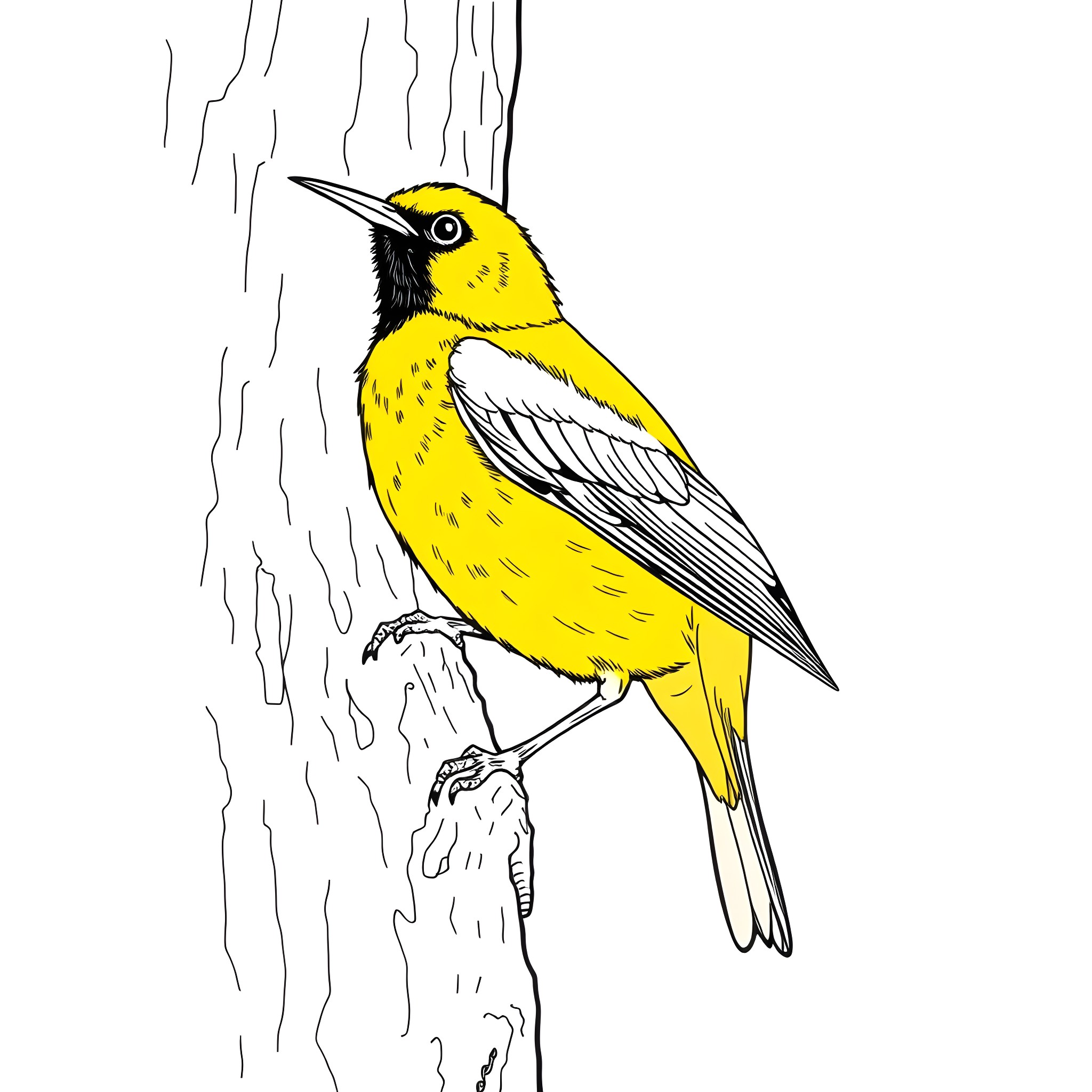 Oriole perched on a tree Coloring Page (free black-and-white line drawing printable PDF for all, from beginners to advanced learners, including children, teens, adults, and seniors)