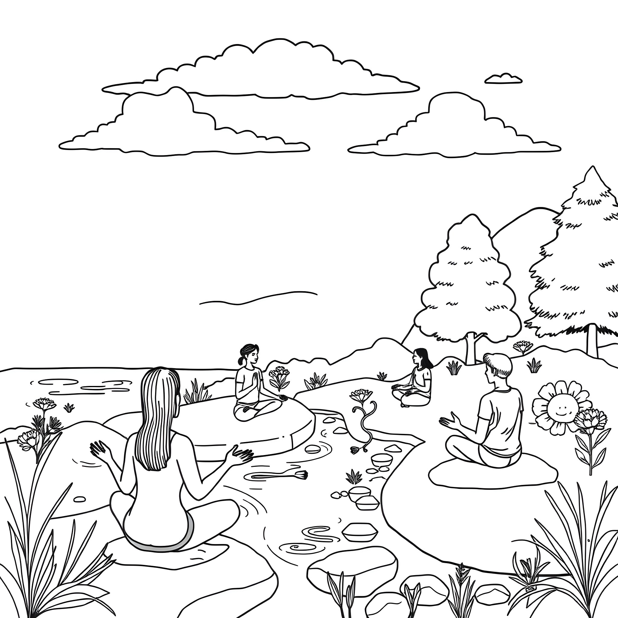Mental Health Connection in Nature Coloring Page (free black-and-white line drawing printable PDF for all, from beginners to advanced learners, including children, teens, adults, and seniors)