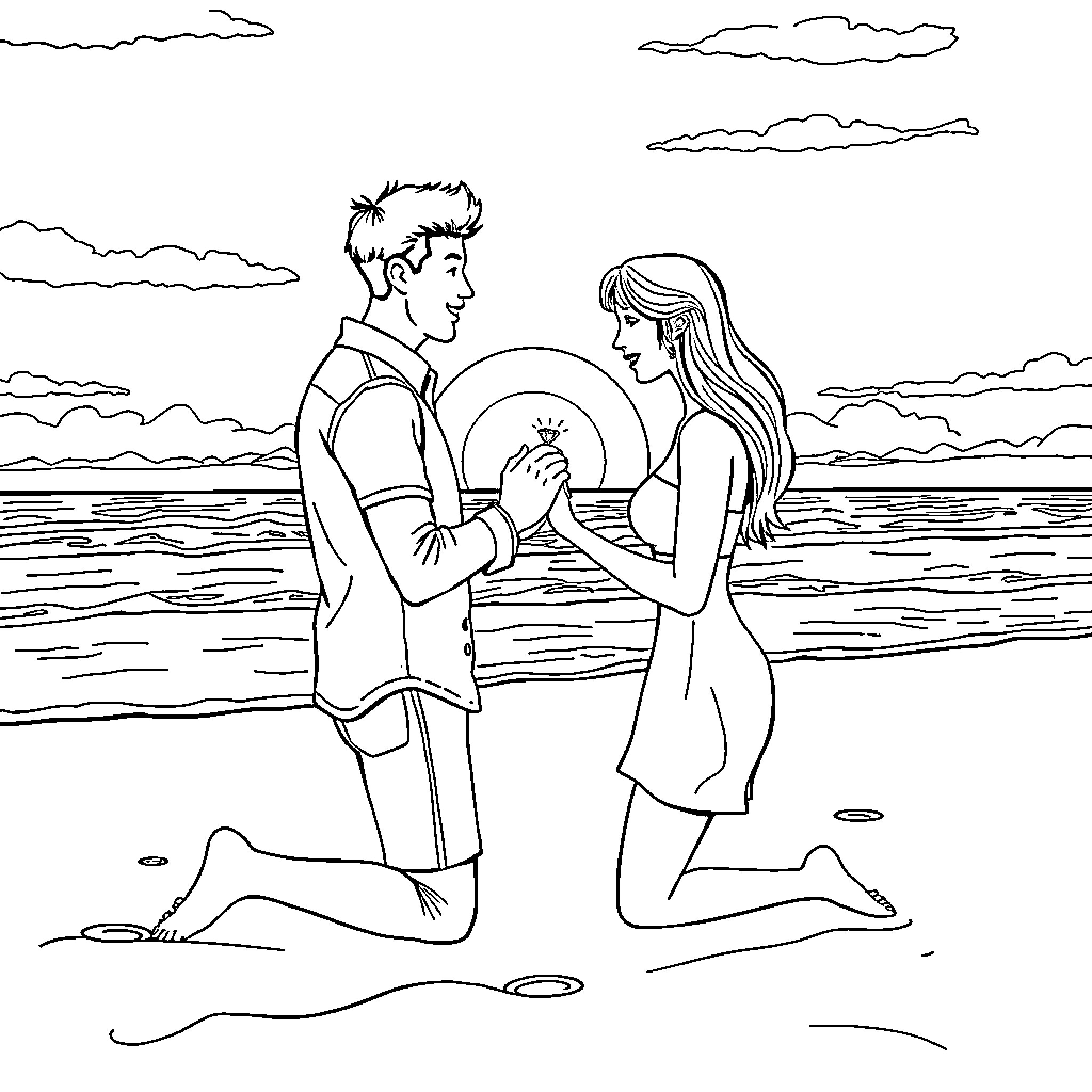 Proposal on the Beach Coloring Page (free black-and-white line drawing printable PDF for all, from beginners to advanced learners, including children, teens, adults, and seniors)