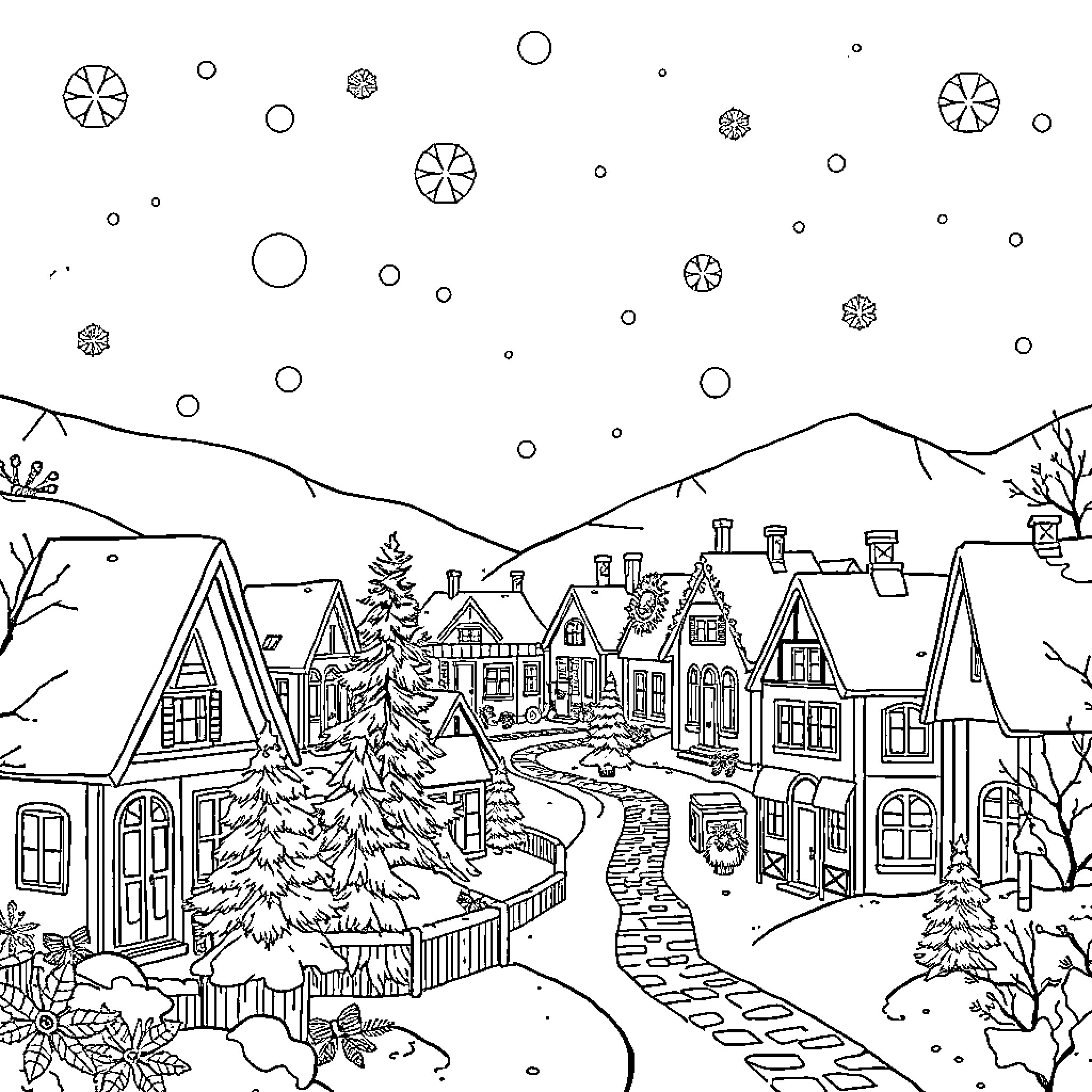 Village winter scene with houses and snowflakes Coloring Page (free black-and-white line drawing printable PDF for all, from beginners to advanced learners, including children, teens, adults, and seniors)