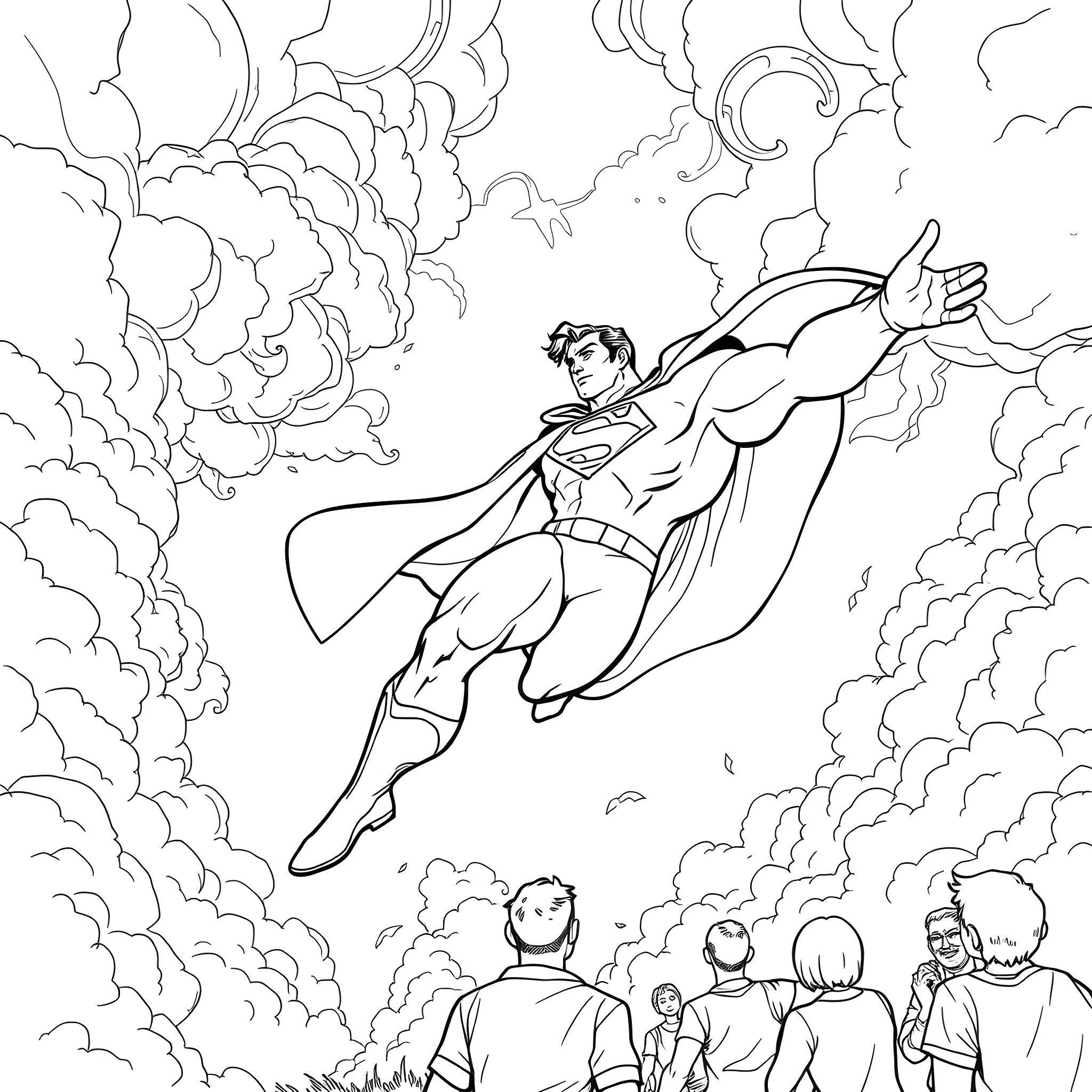 Superman heroically soaring through clouds with iconic cape Coloring Page (free black-and-white line drawing printable PDF for all, from beginners to advanced learners, including children, teens, adults, and seniors)