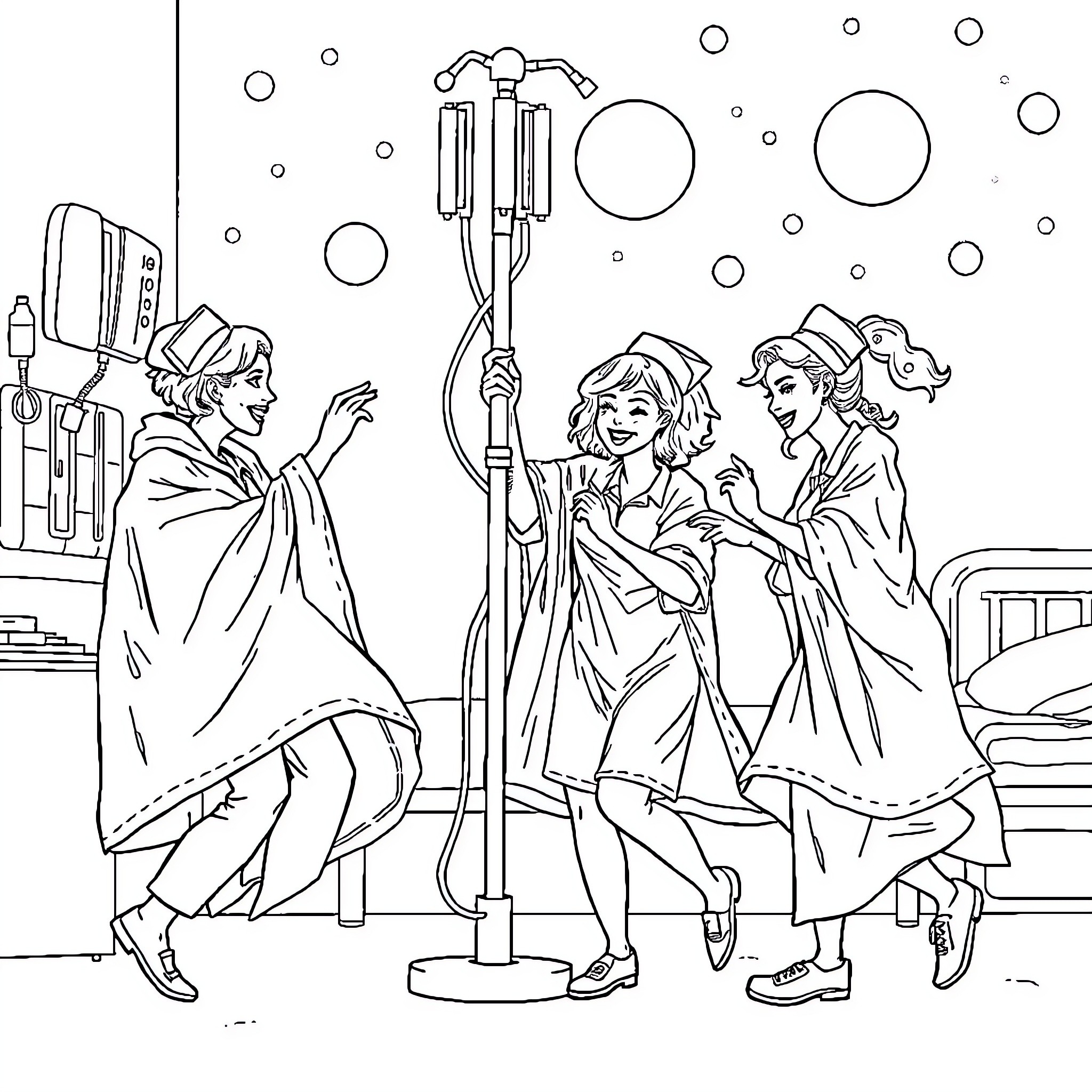 Nurse Celebrating with Colleagues in Festive Attire Coloring Page (free black-and-white line drawing printable PDF for all, from beginners to advanced learners, including children, teens, adults, and seniors)