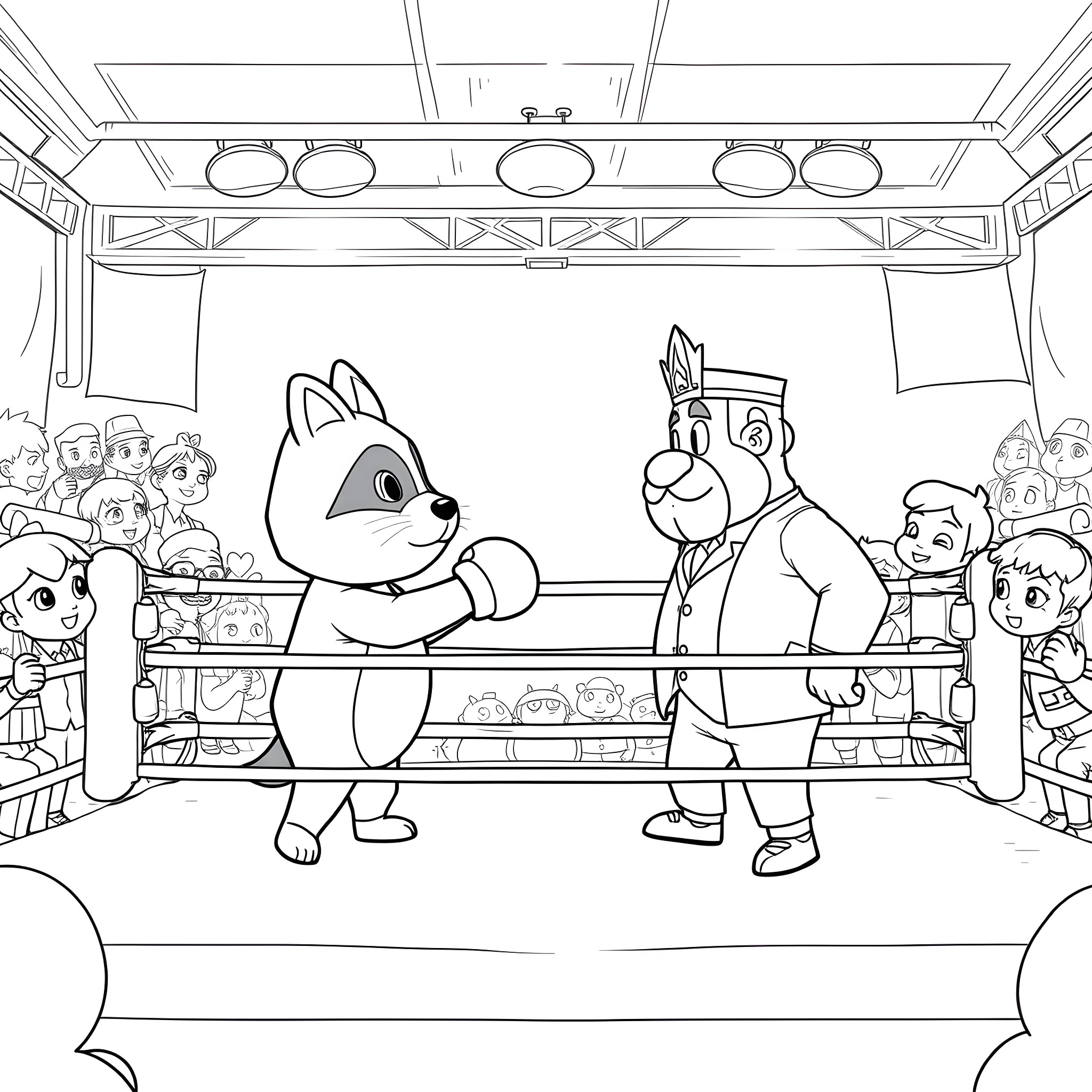 Tom Nook welcoming new residents to Animal Crossing town Coloring Page (free black-and-white line drawing printable PDF for all, from beginners to advanced learners, including children, teens, adults, and seniors)