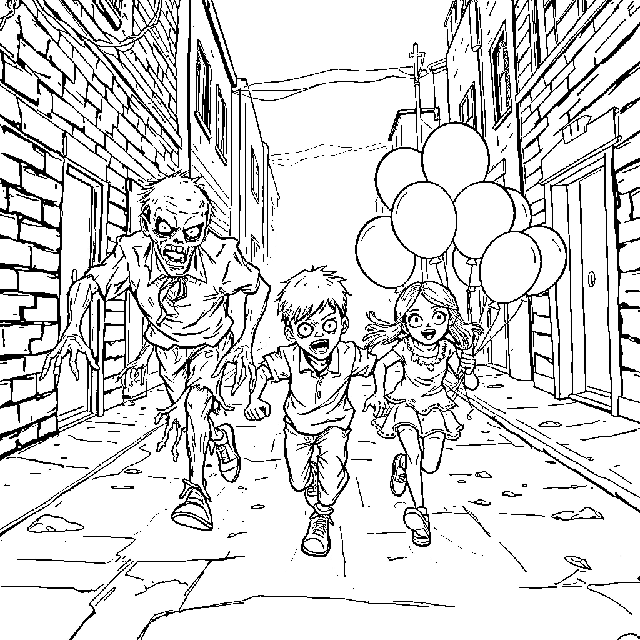 Zombie kids chasing balloons in a dark alley Coloring Page (free black-and-white line drawing printable PDF for all, from beginners to advanced learners, including children, teens, adults, and seniors)