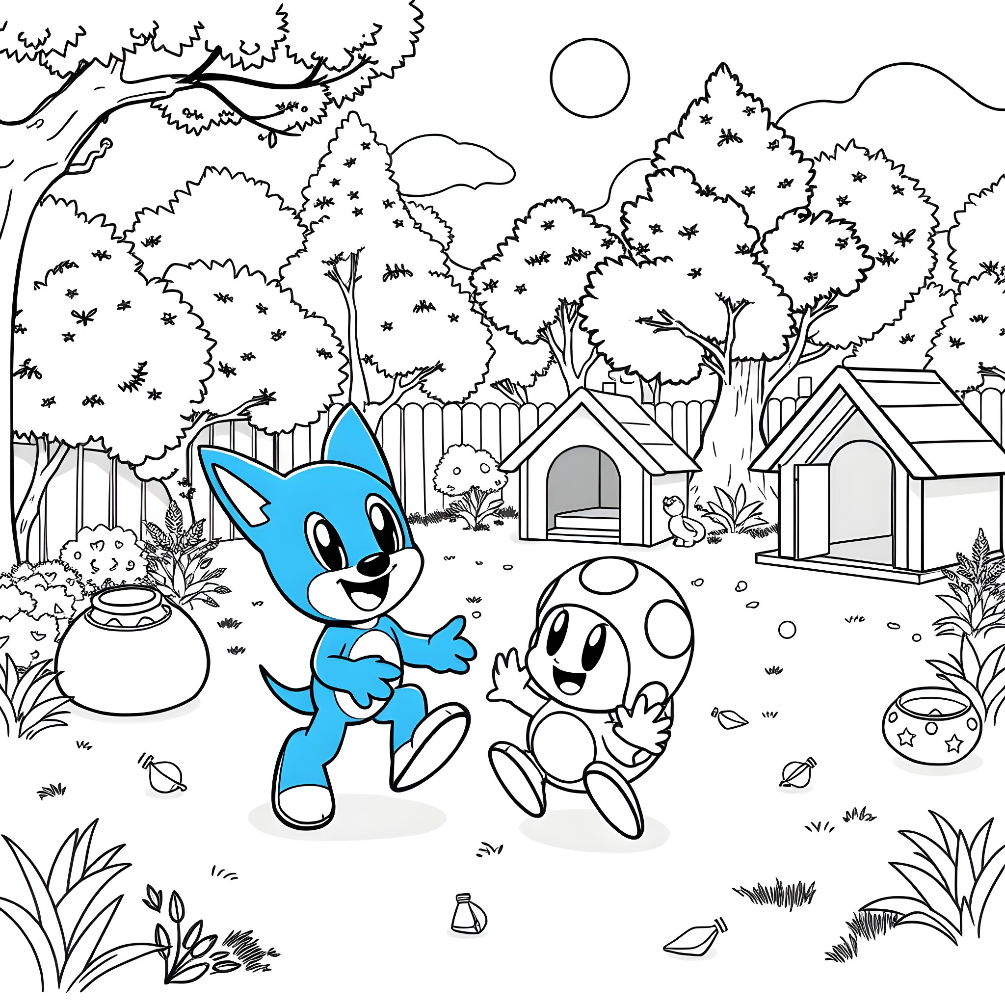 Bluey and Friends Explore the Neighborhood Coloring Page (free black-and-white line drawing printable PDF for all, from beginners to advanced learners, including children, teens, adults, and seniors)