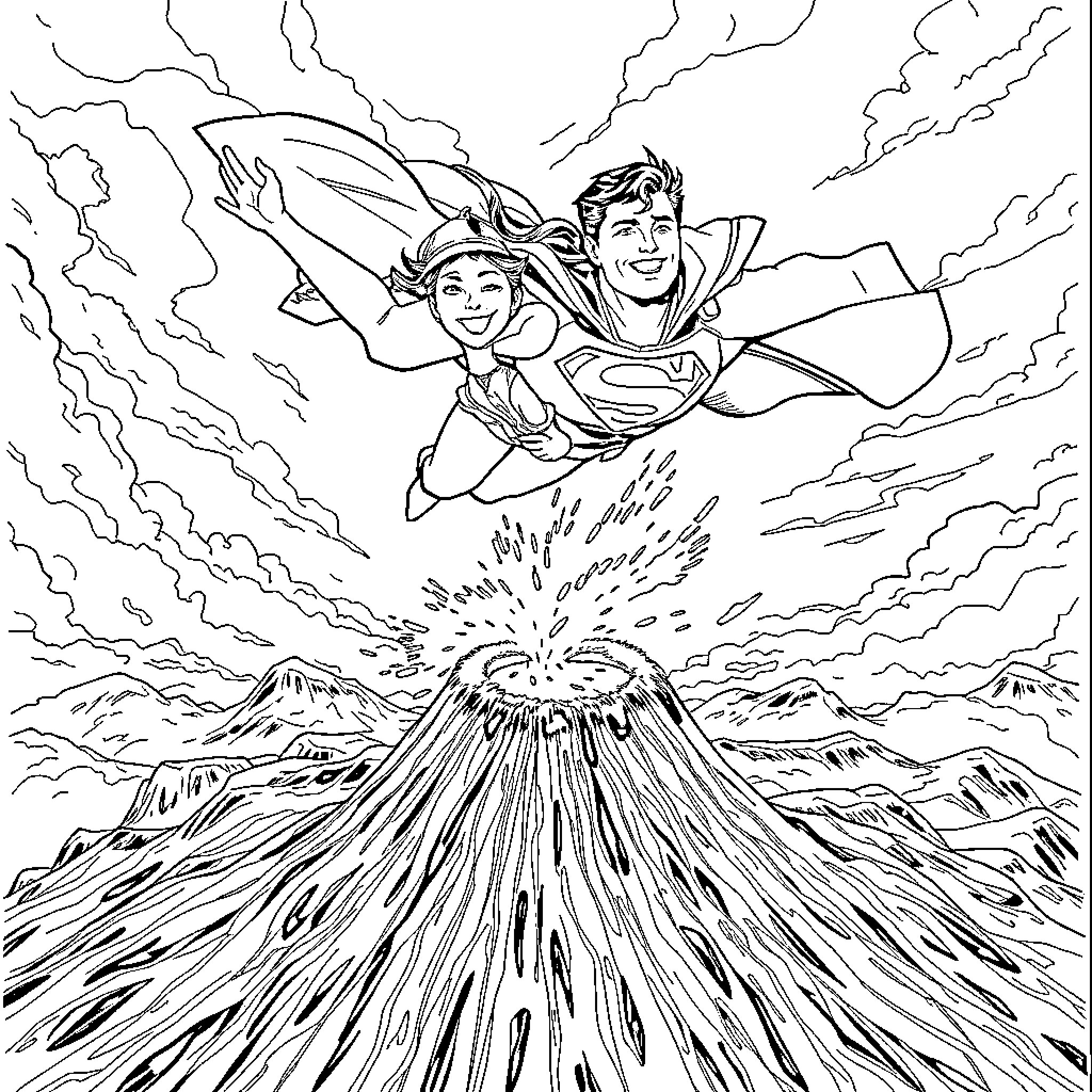 Superman and partner soaring through stormy skies Coloring Page (free black-and-white line drawing printable PDF for all, from beginners to advanced learners, including children, teens, adults, and seniors)