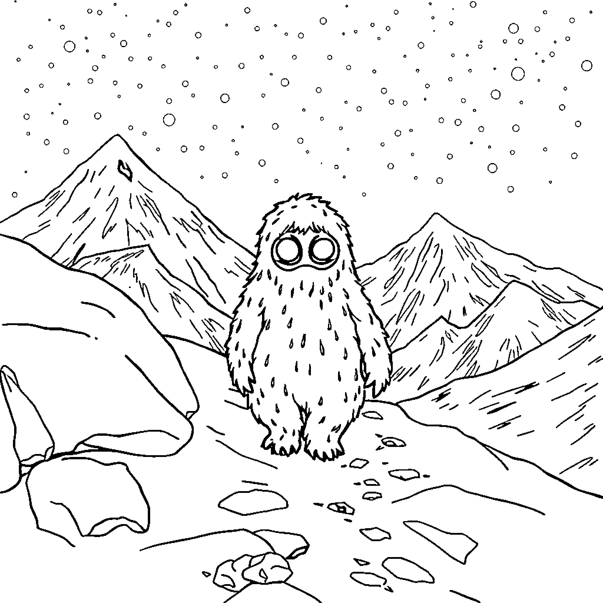 Yeti exploring snowy mountain landscape Coloring Page (free black-and-white line drawing printable PDF for all, from beginners to advanced learners, including children, teens, adults, and seniors)