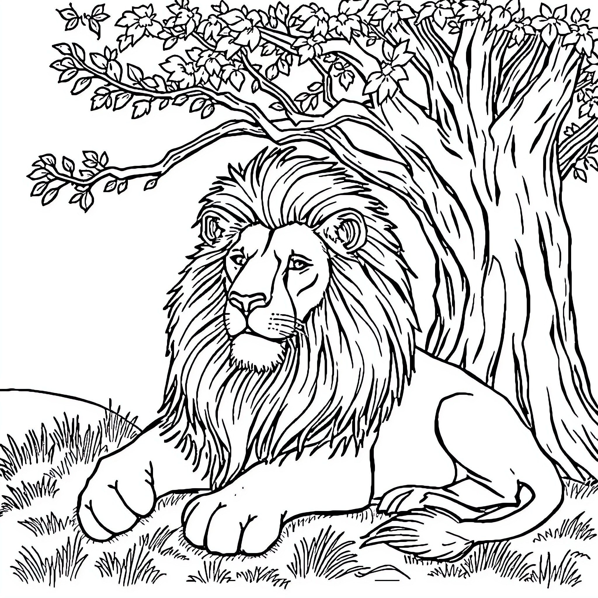 Lion Resting Under a Blooming Tree Coloring Page (free black-and-white line drawing printable PDF for all, from beginners to advanced learners, including children, teens, adults, and seniors)
